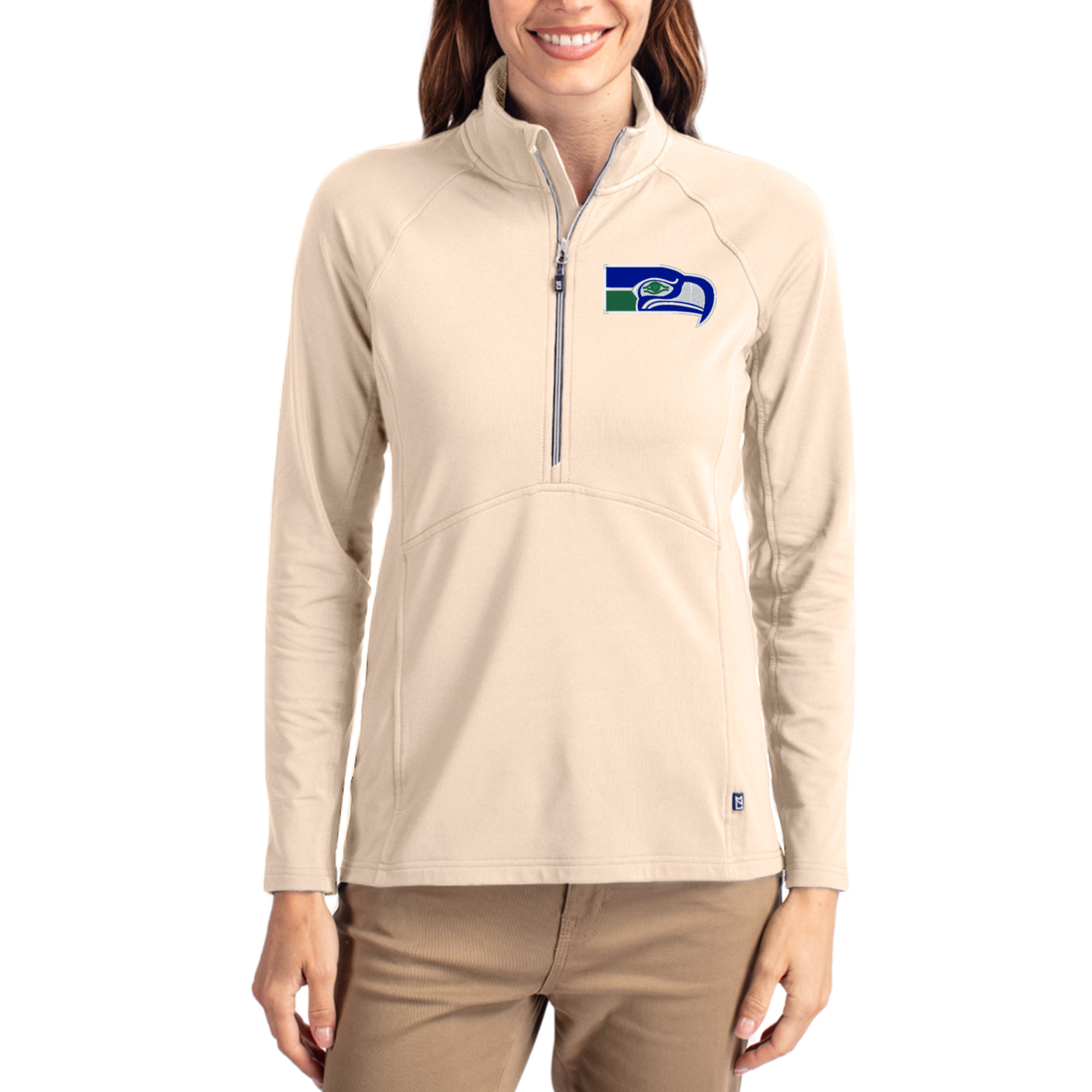 Women's Cutter & Buck Tan Seattle Seahawks Throwback Adapt Eco Knit Stretch Recycled Raglan Half-Zip Pullover