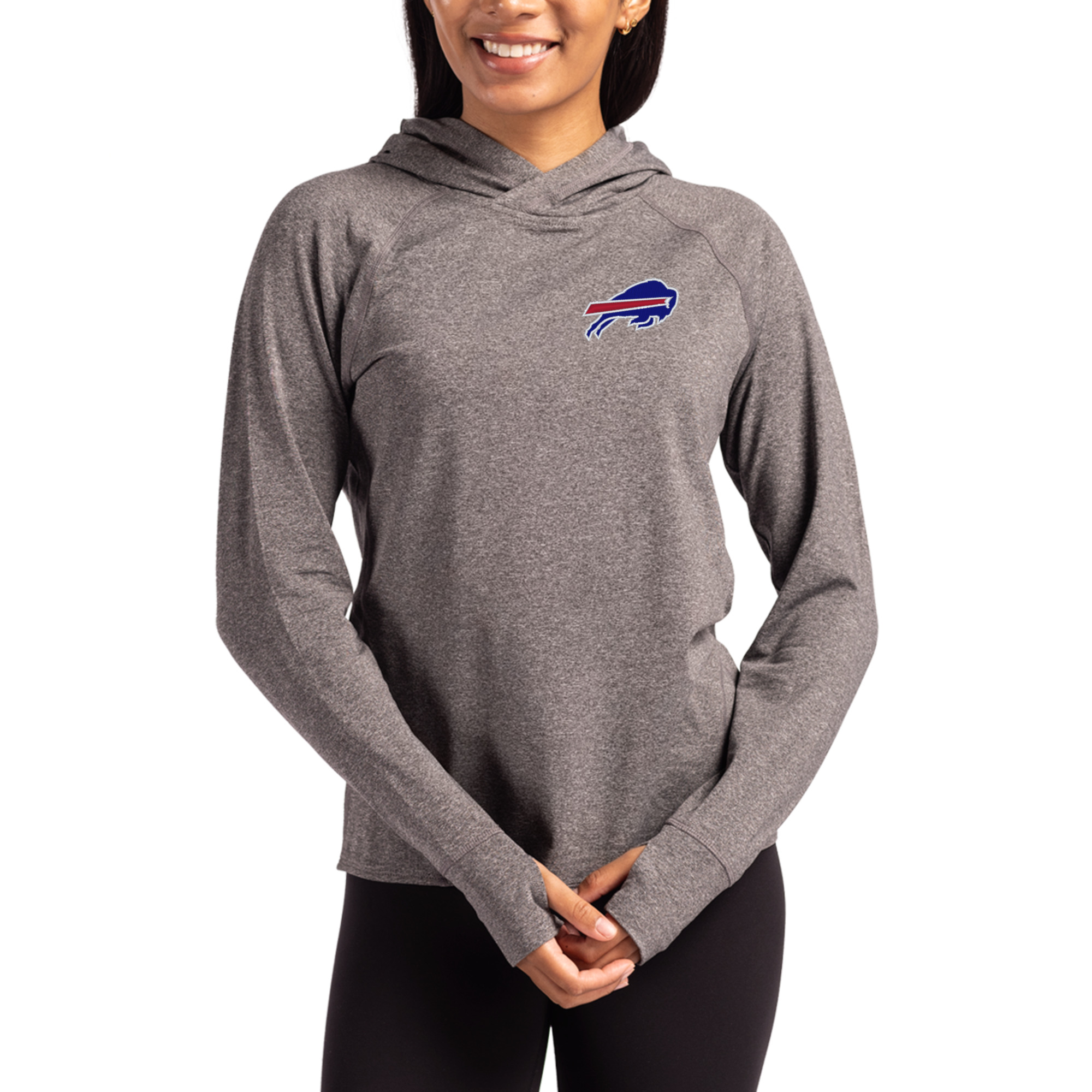 Women's Cutter & Buck Heather Charcoal Buffalo Bills Primary Logo Adapt Knit Recycled Raglan Pullover Hoodie