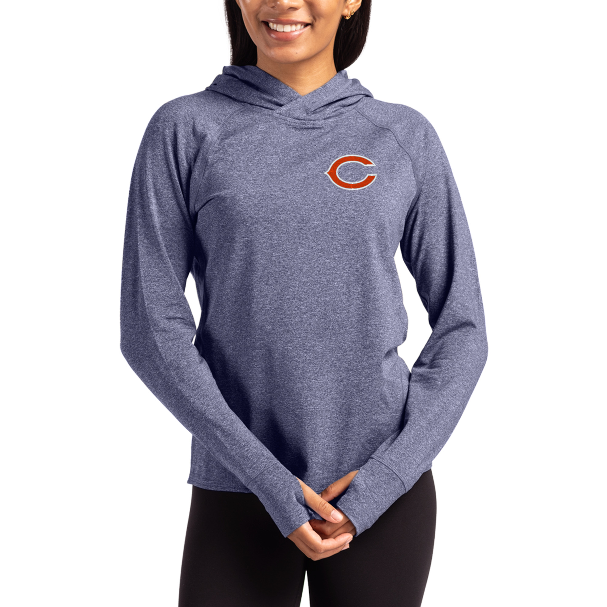 Women's Cutter & Buck Heather Navy Chicago Bears Primary Logo Adapt Knit Recycled Raglan Pullover Hoodie