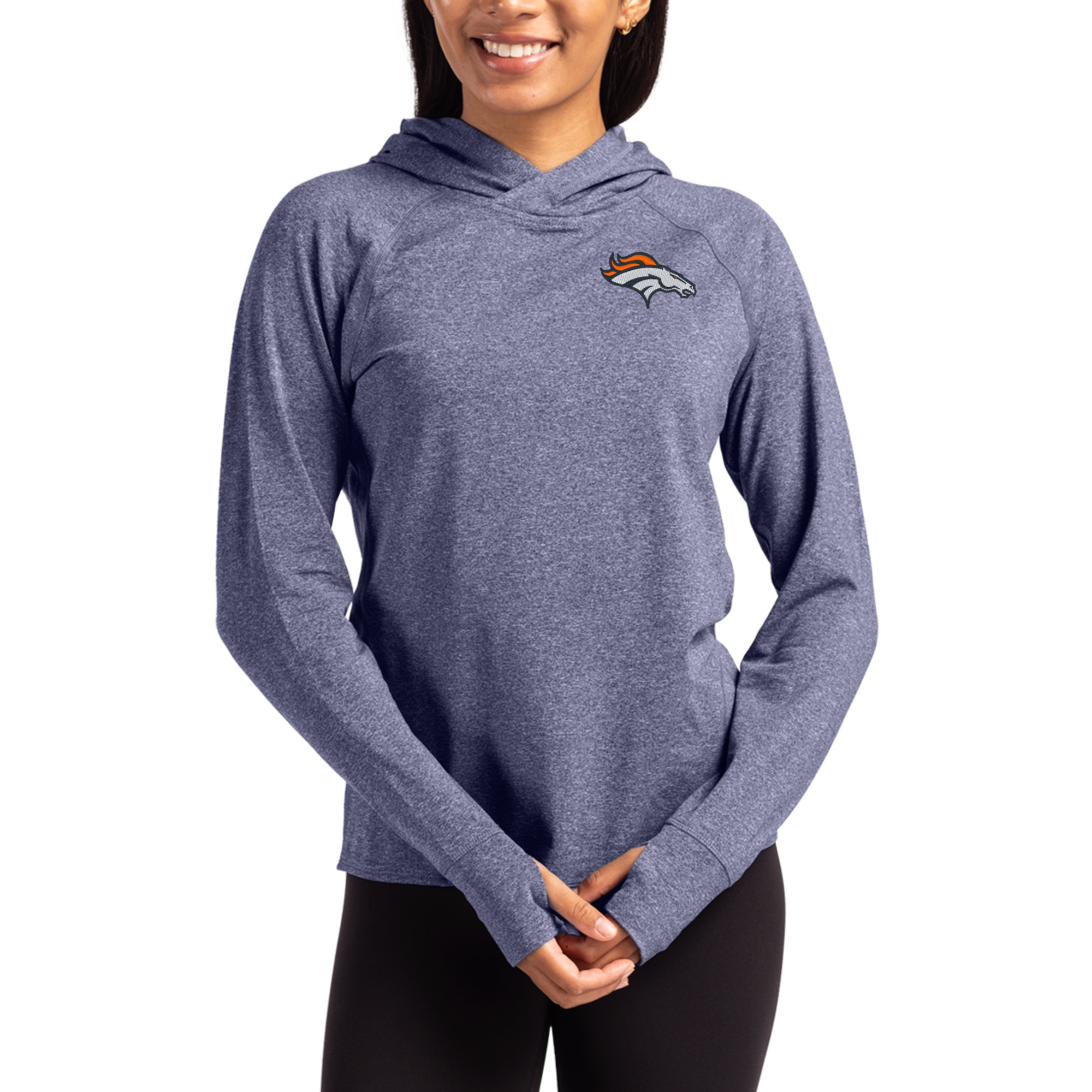 Women's Cutter & Buck Heather Navy Denver Broncos Primary Logo Adapt Knit Recycled Raglan Pullover Hoodie