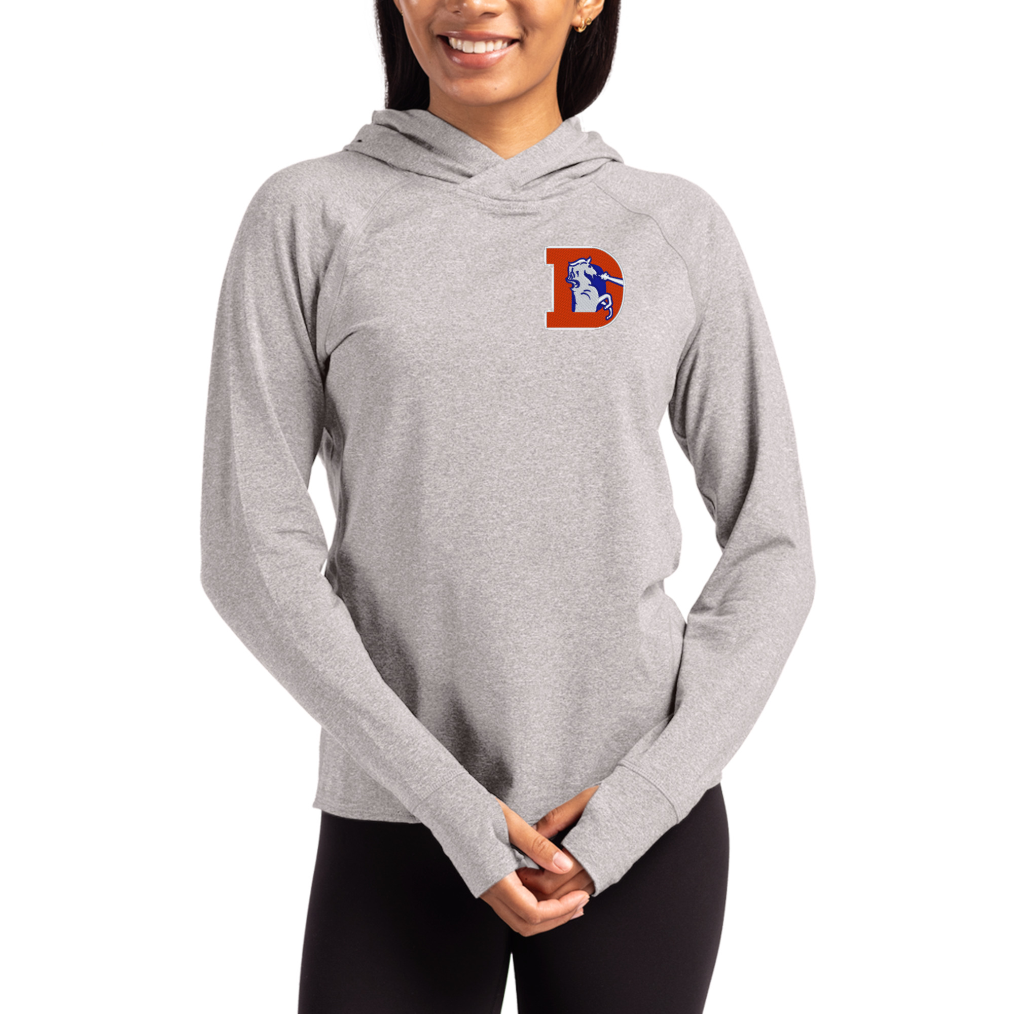 Women's Cutter & Buck Heather Gray Denver Broncos Throwback Logo Adapt Knit Recycled Raglan Pullover Hoodie