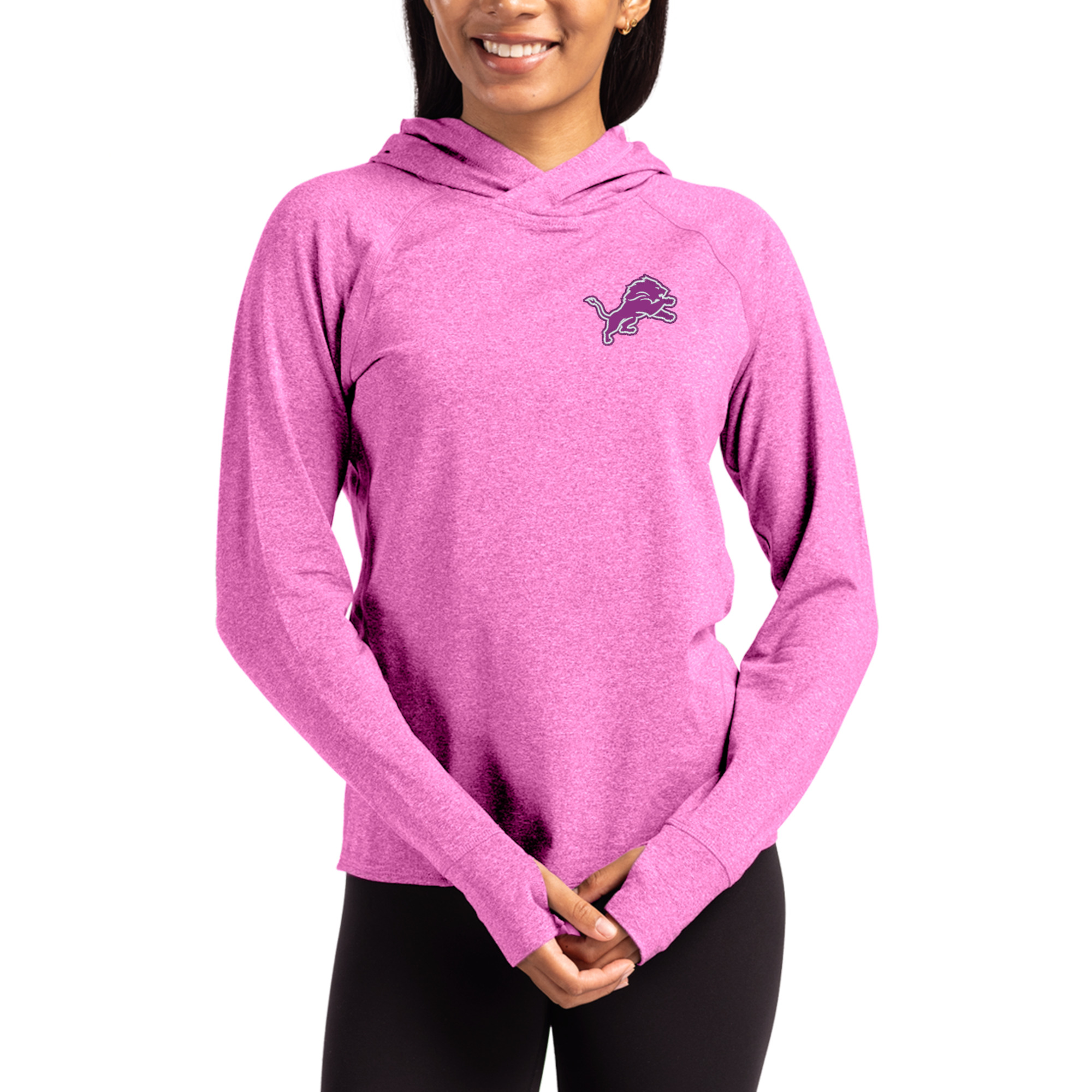 Women's Cutter & Buck Pink Detroit Lions Tonal Logo Adapt Knit Recycled Raglan Pullover Hoodie