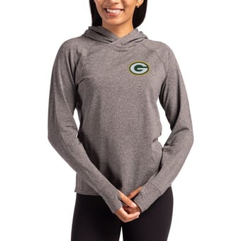 Women's Cutter & Buck Heather Charcoal Green Bay Packers Primary Logo Adapt Knit Recycled Raglan Pullover Hoodie
