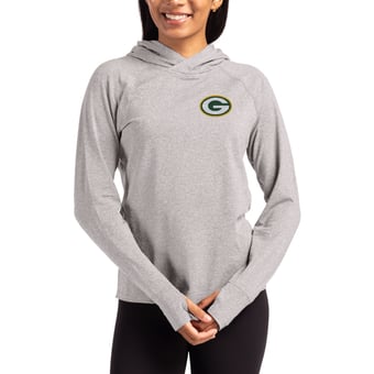 Women's Cutter & Buck Heather Gray Green Bay Packers Primary Logo Adapt Knit Recycled Raglan Pullover Hoodie