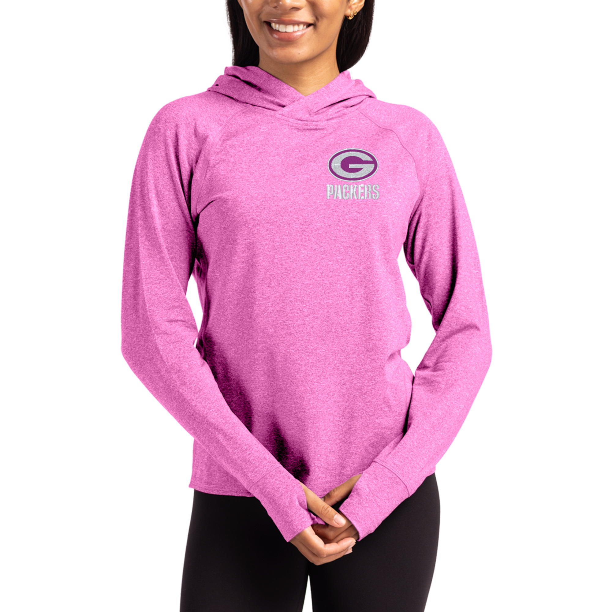 Women's Cutter & Buck Pink Green Bay Packers Tonal Logo Adapt Knit Recycled Raglan Pullover Hoodie