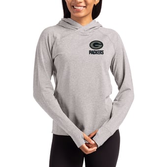 Women's Cutter & Buck Heather Gray Green Bay Packers Tonal Logo Adapt Knit Recycled Raglan Pullover Hoodie