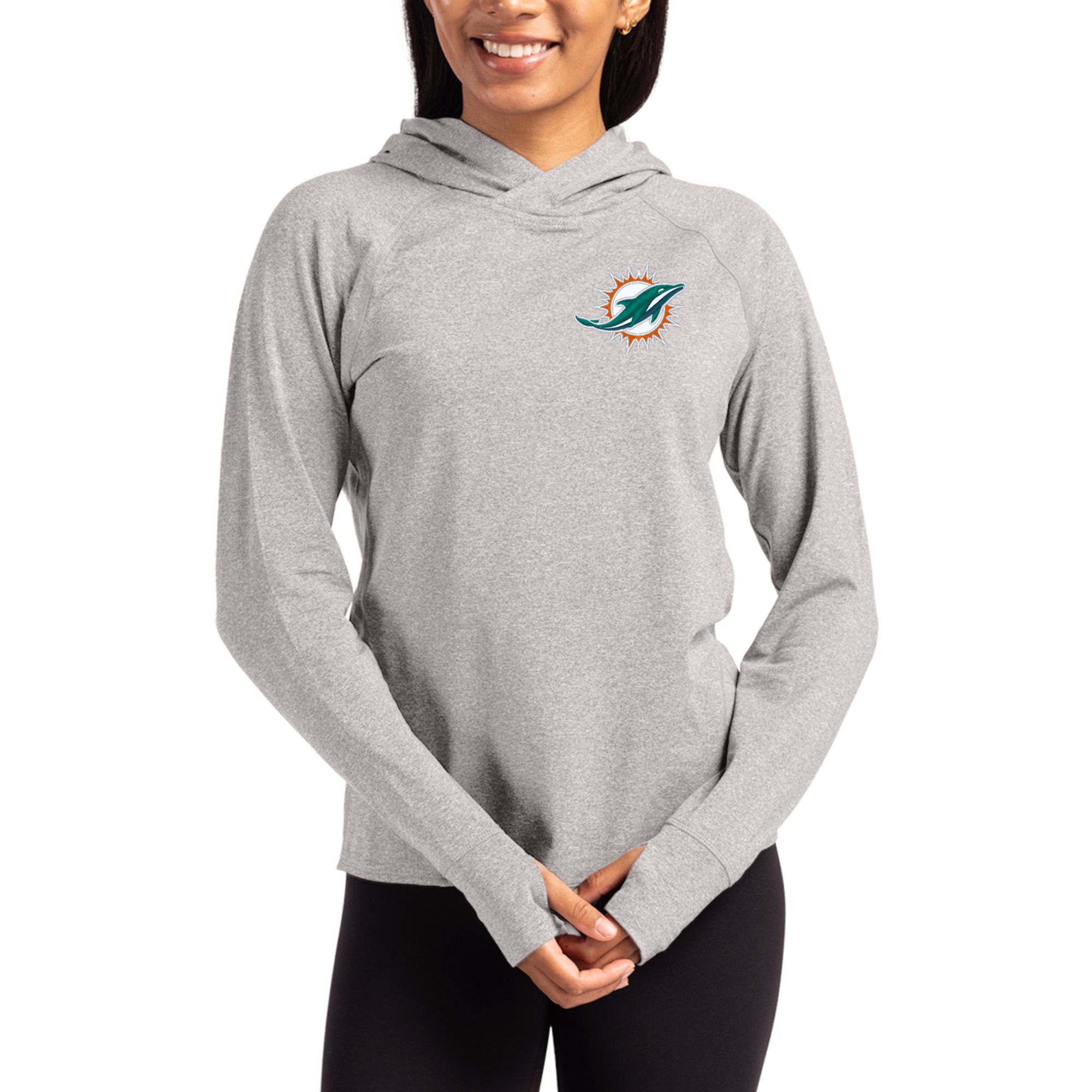 Women's Cutter & Buck Heather Gray Miami Dolphins Primary Logo Adapt Knit Recycled Raglan Pullover Hoodie