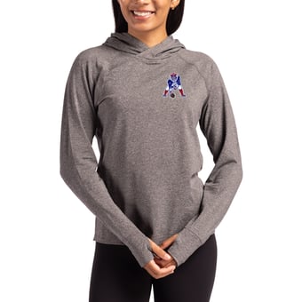 Women's Cutter & Buck Heather Charcoal New England Patriots Throwback Logo Adapt Knit Recycled Raglan Pullover Hoodie