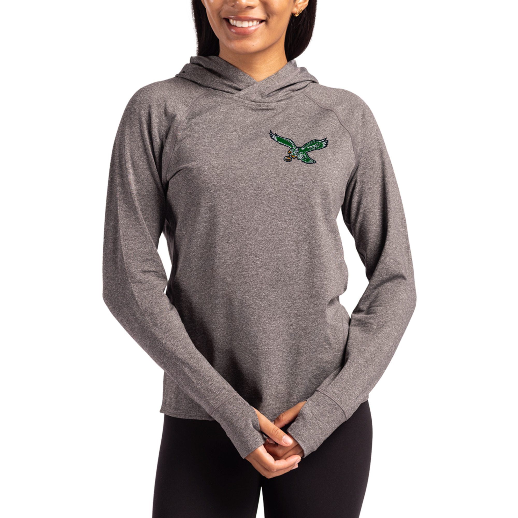 Women's Cutter & Buck Heather Charcoal Philadelphia Eagles Throwback Logo Adapt Knit Recycled Raglan Pullover Hoodie