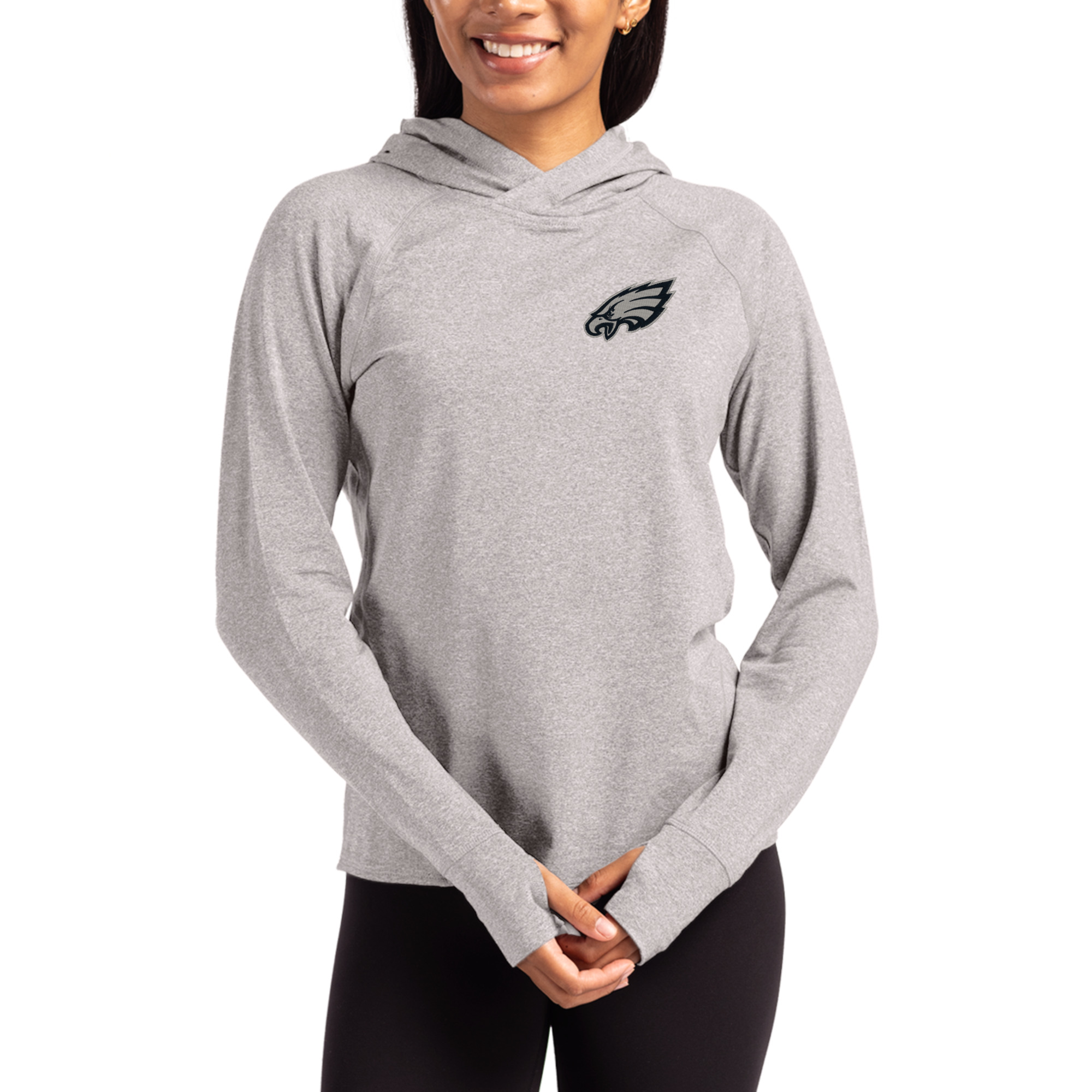 Women's Cutter & Buck Heather Gray Philadelphia Eagles Tonal Logo Adapt Knit Recycled Raglan Pullover Hoodie