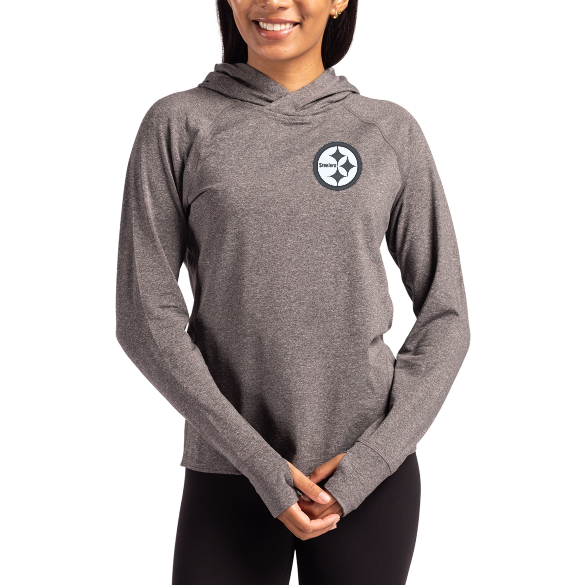 Women's Cutter & Buck Heather Charcoal Pittsburgh Steelers Tonal Logo Adapt Knit Recycled Raglan Pullover Hoodie