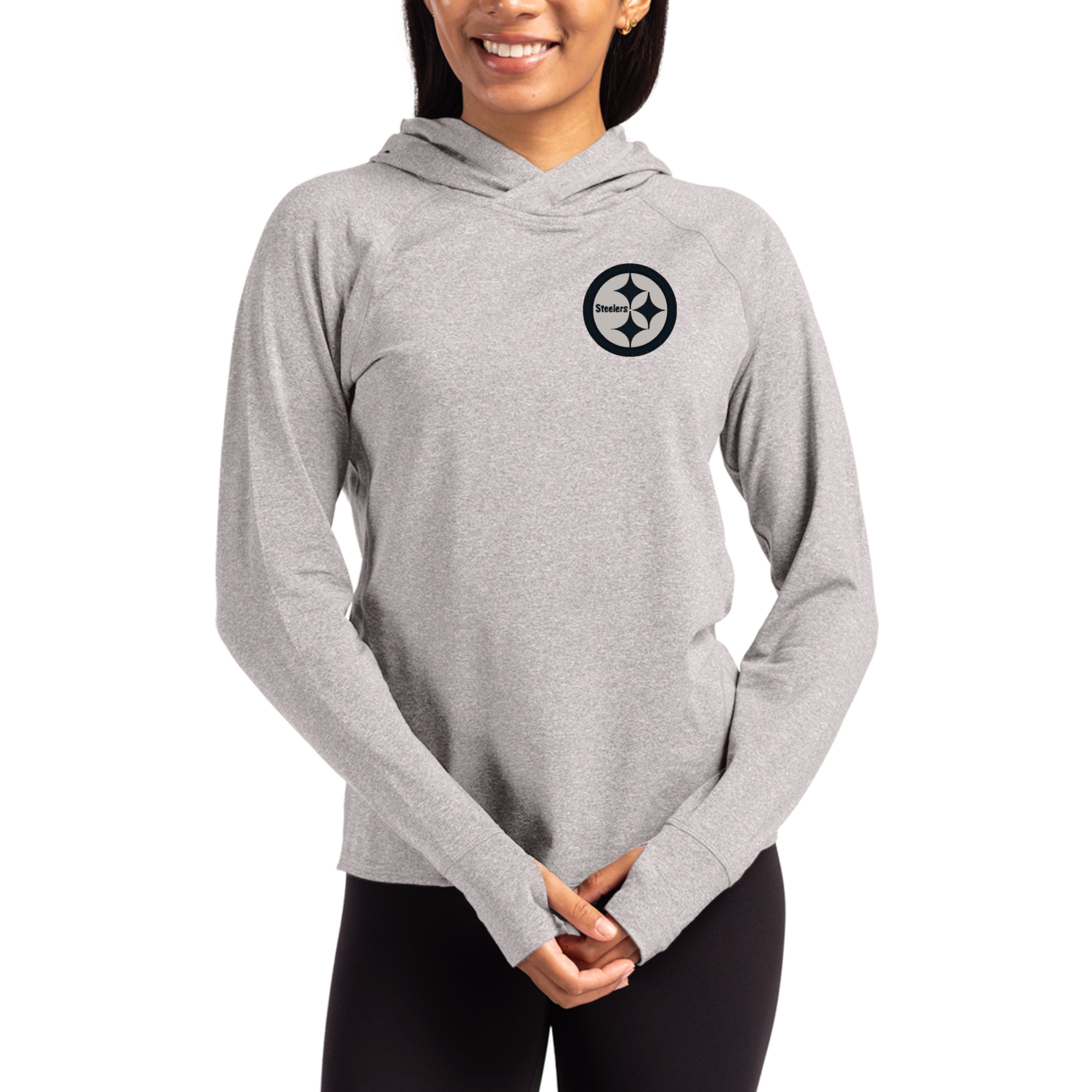 Women's Cutter & Buck Heather Gray Pittsburgh Steelers Tonal Logo Adapt Knit Recycled Raglan Pullover Hoodie