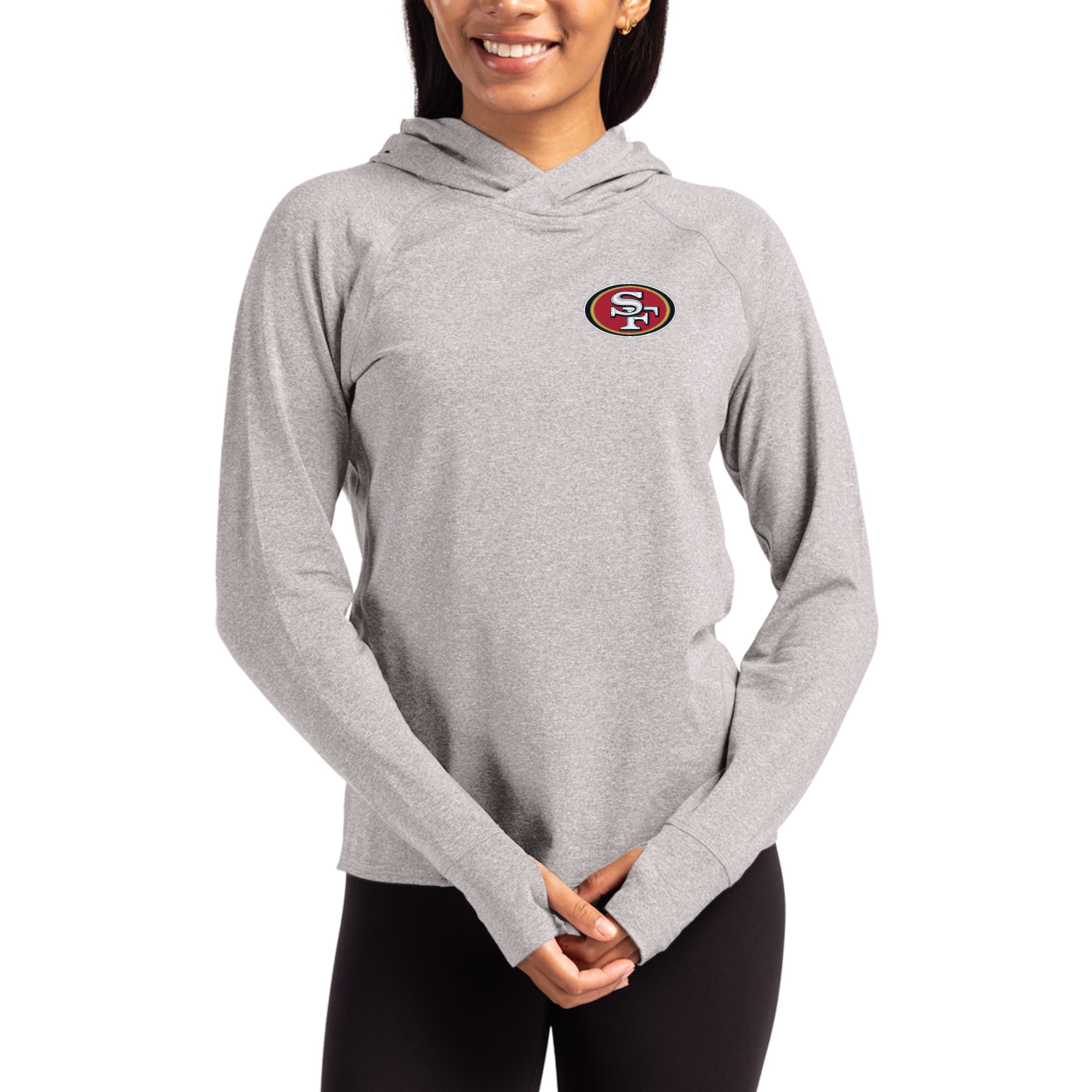 Women's Cutter & Buck Heather Gray San Francisco 49ers Primary Logo Adapt Knit Recycled Raglan Pullover Hoodie