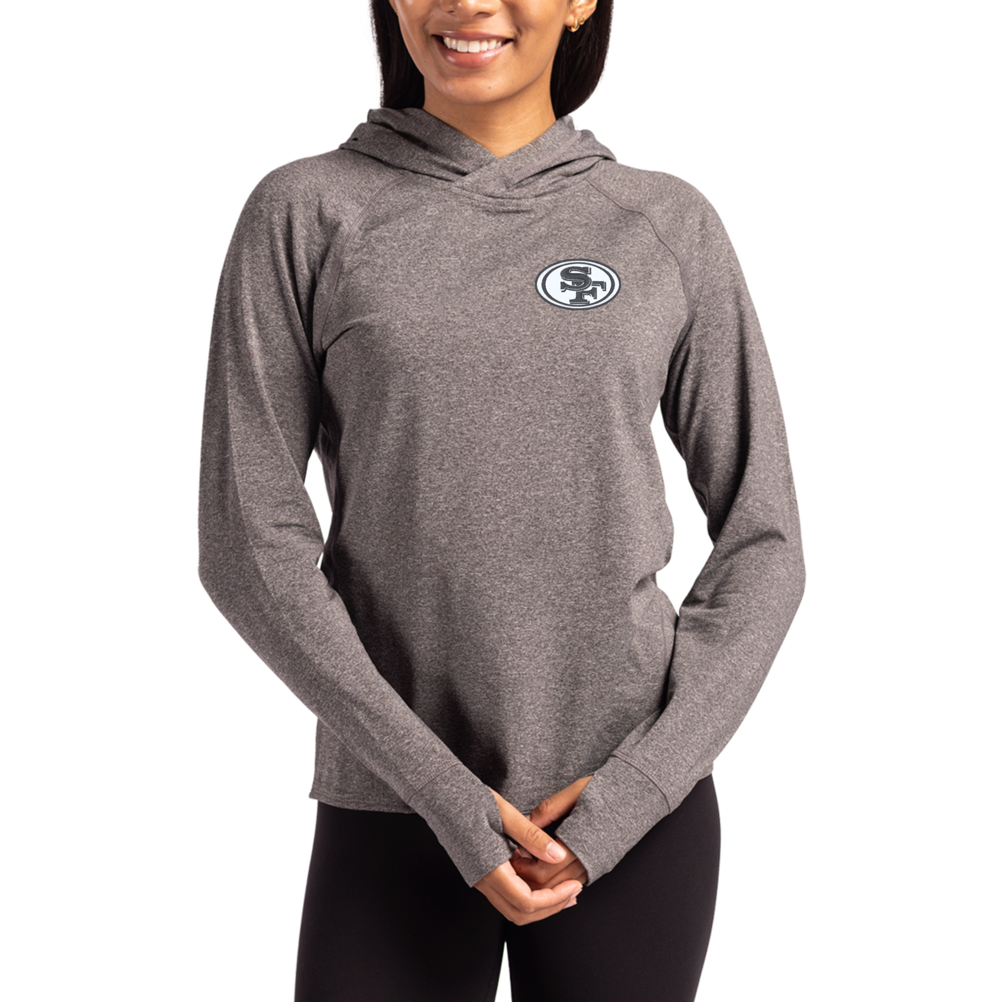 Women's Cutter & Buck Heather Charcoal San Francisco 49ers Tonal Logo Adapt Knit Recycled Raglan Pullover Hoodie