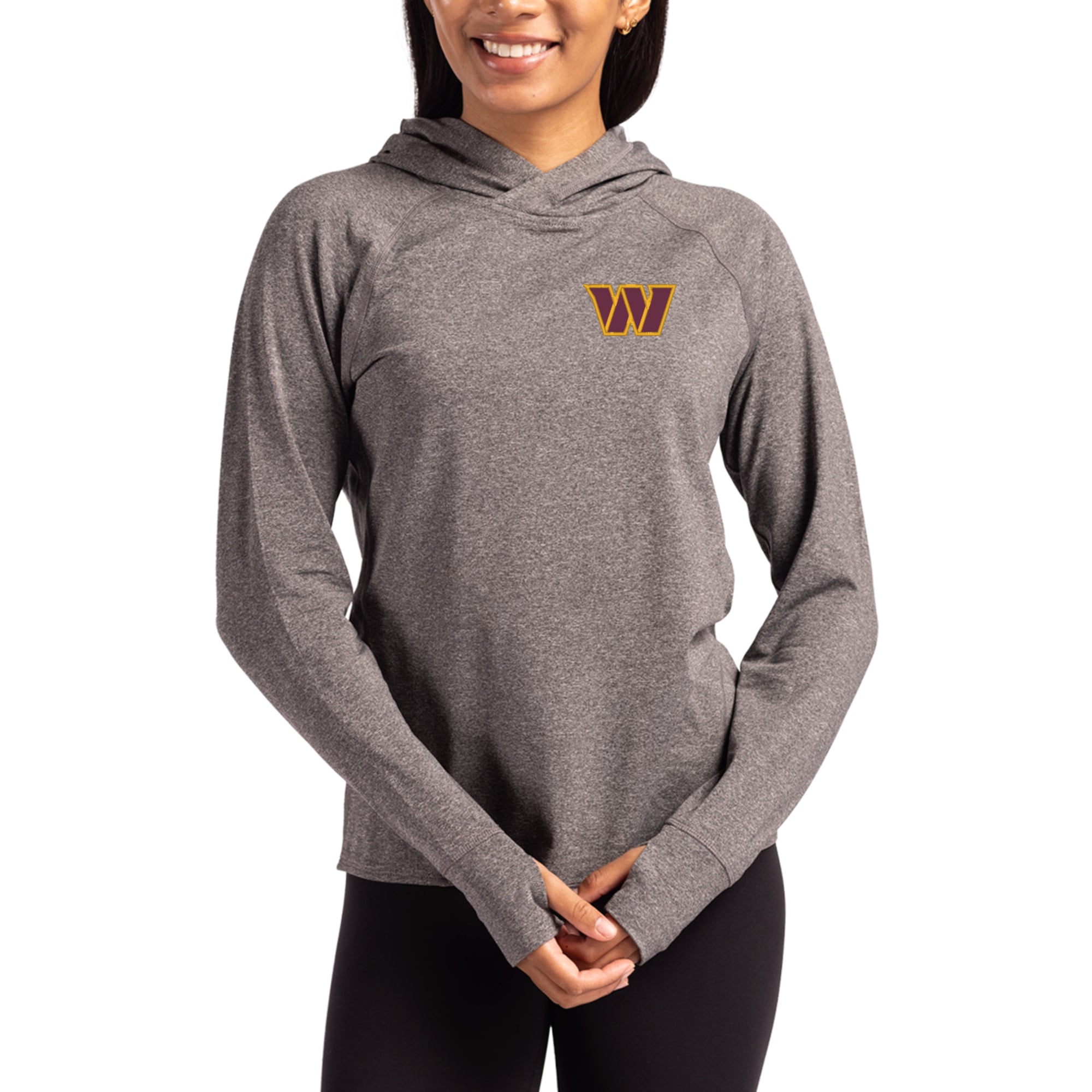 Women's Cutter & Buck Heather Charcoal Washington Commanders Primary Logo Adapt Knit Recycled Raglan Pullover Hoodie