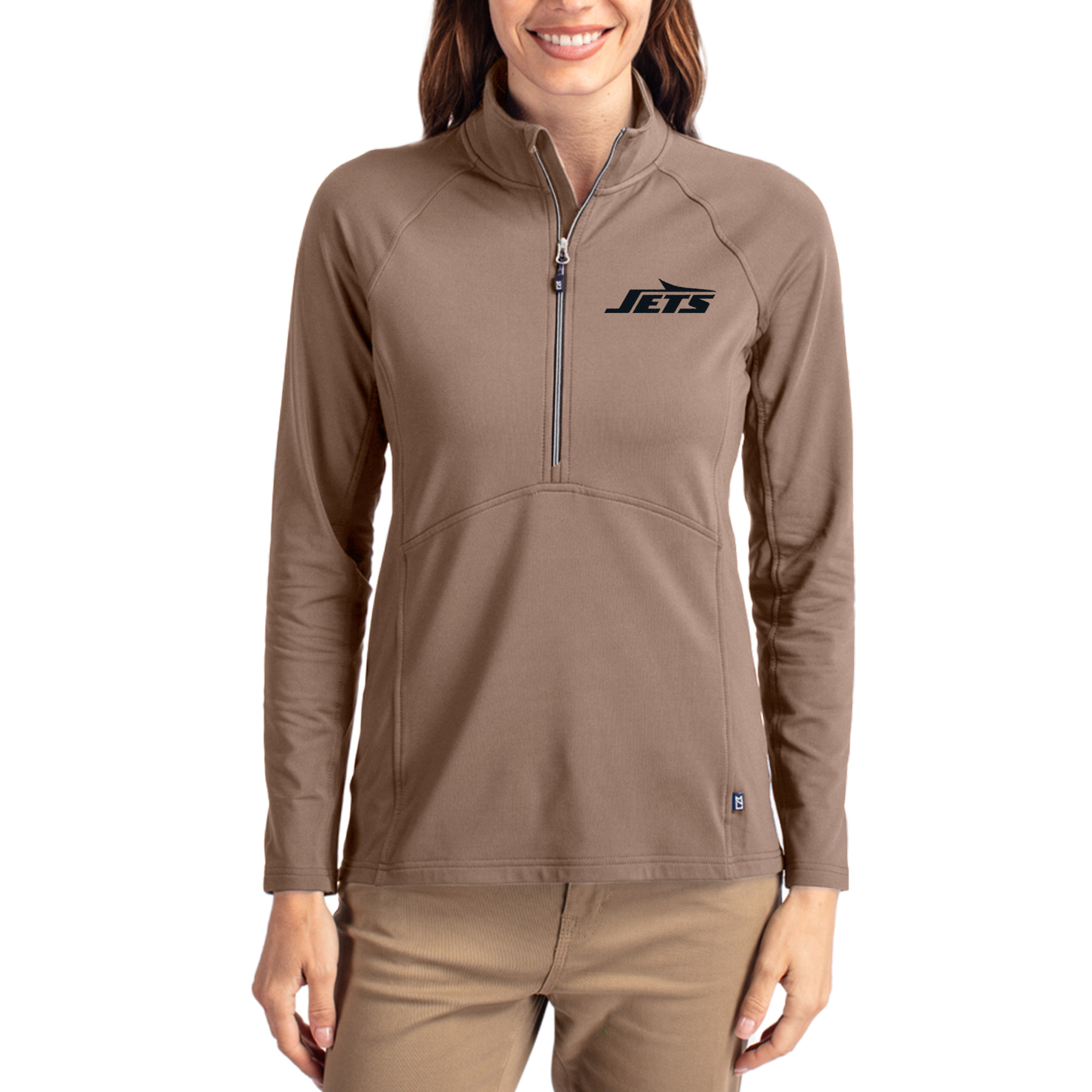 Women's Cutter & Buck Brown New York Jets Tonal Adapt Eco Knit Stretch Recycled Raglan Half-Zip Pullover
