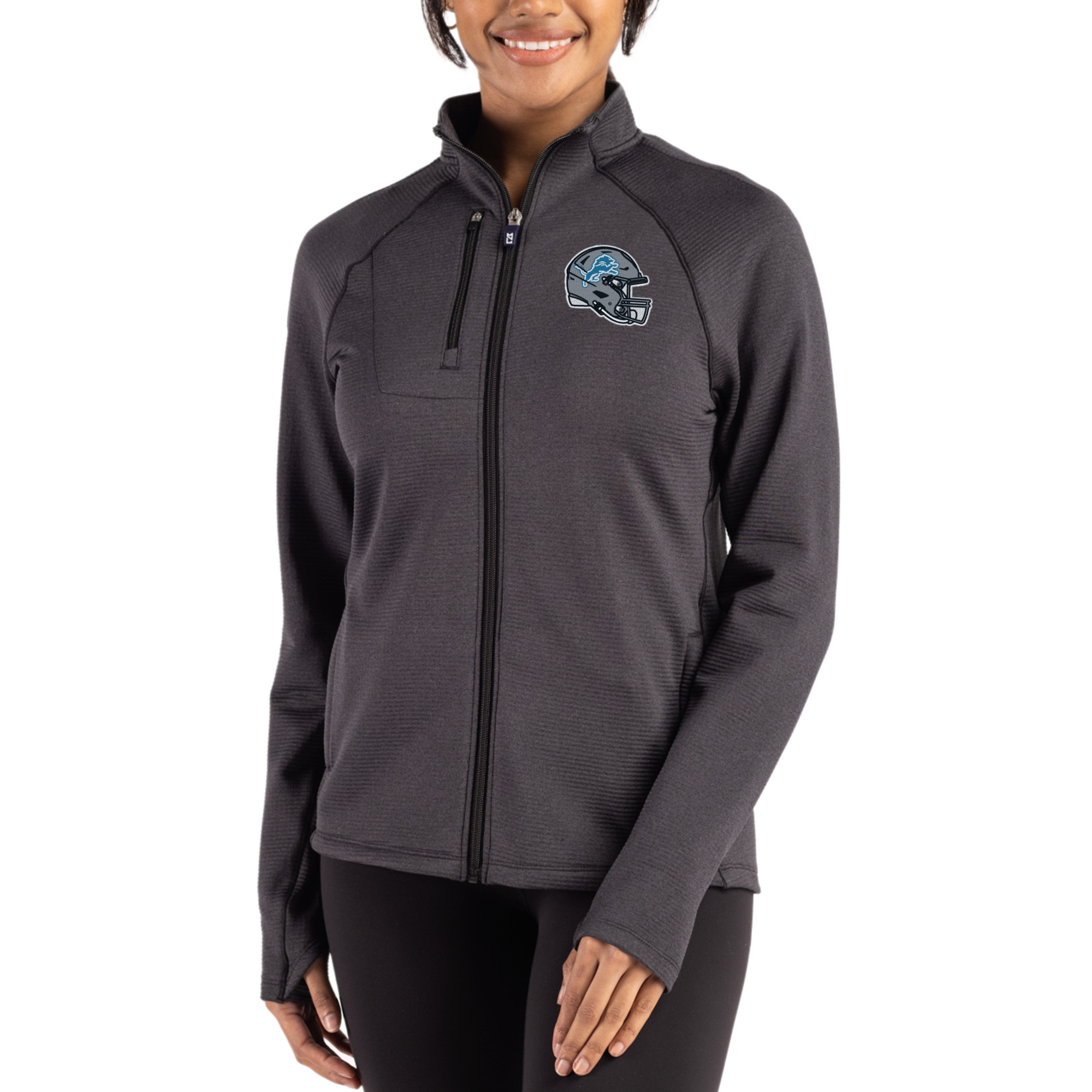 Women's Cutter & Buck Heather Black Detroit Lions Peshastin Fleece Recycled Raglan Full-Zip Jacket