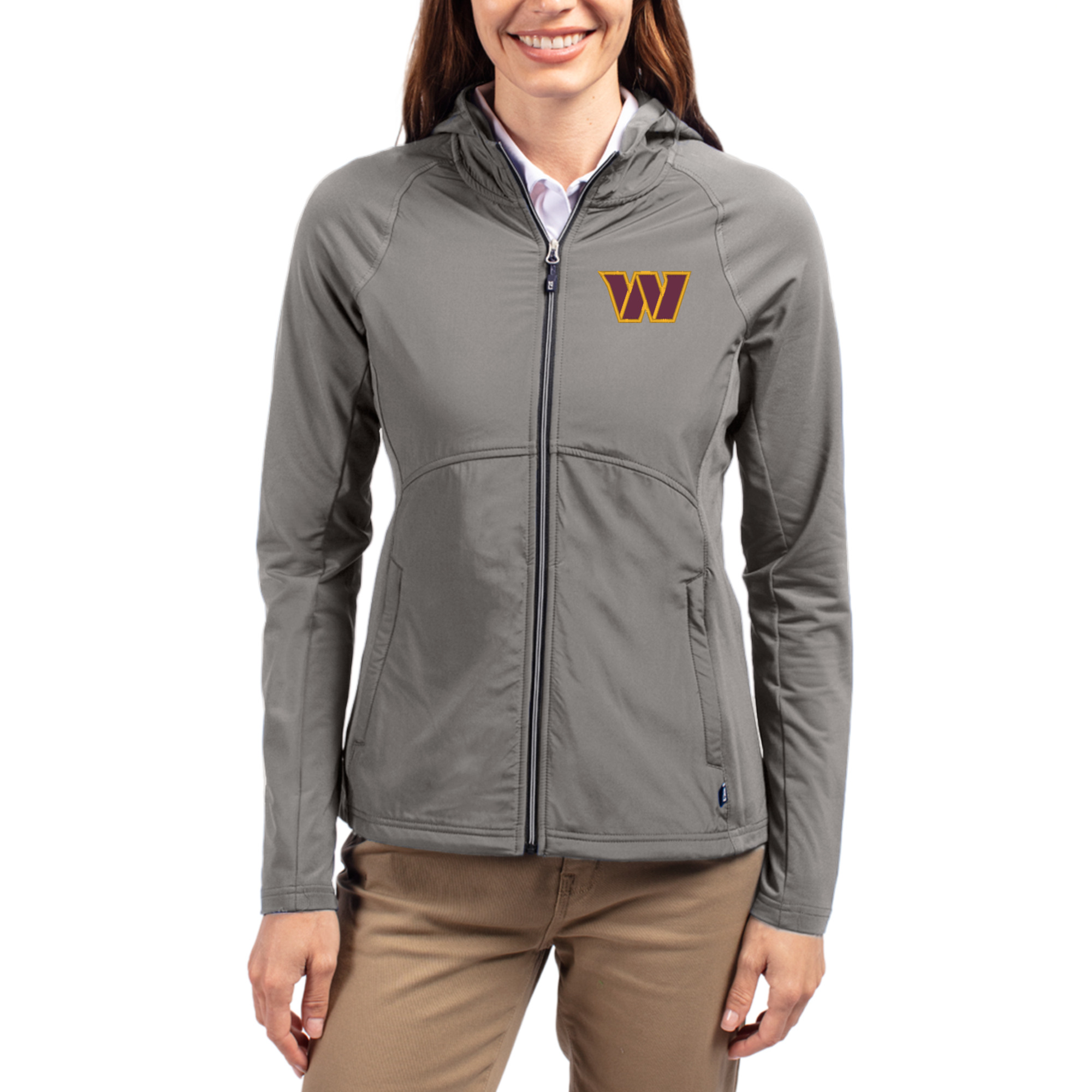 Women's Cutter & Buck Gray Washington Commanders Adapt Eco Knit Hybrid Recycled Raglan Full-Zip Hoodie Jacket