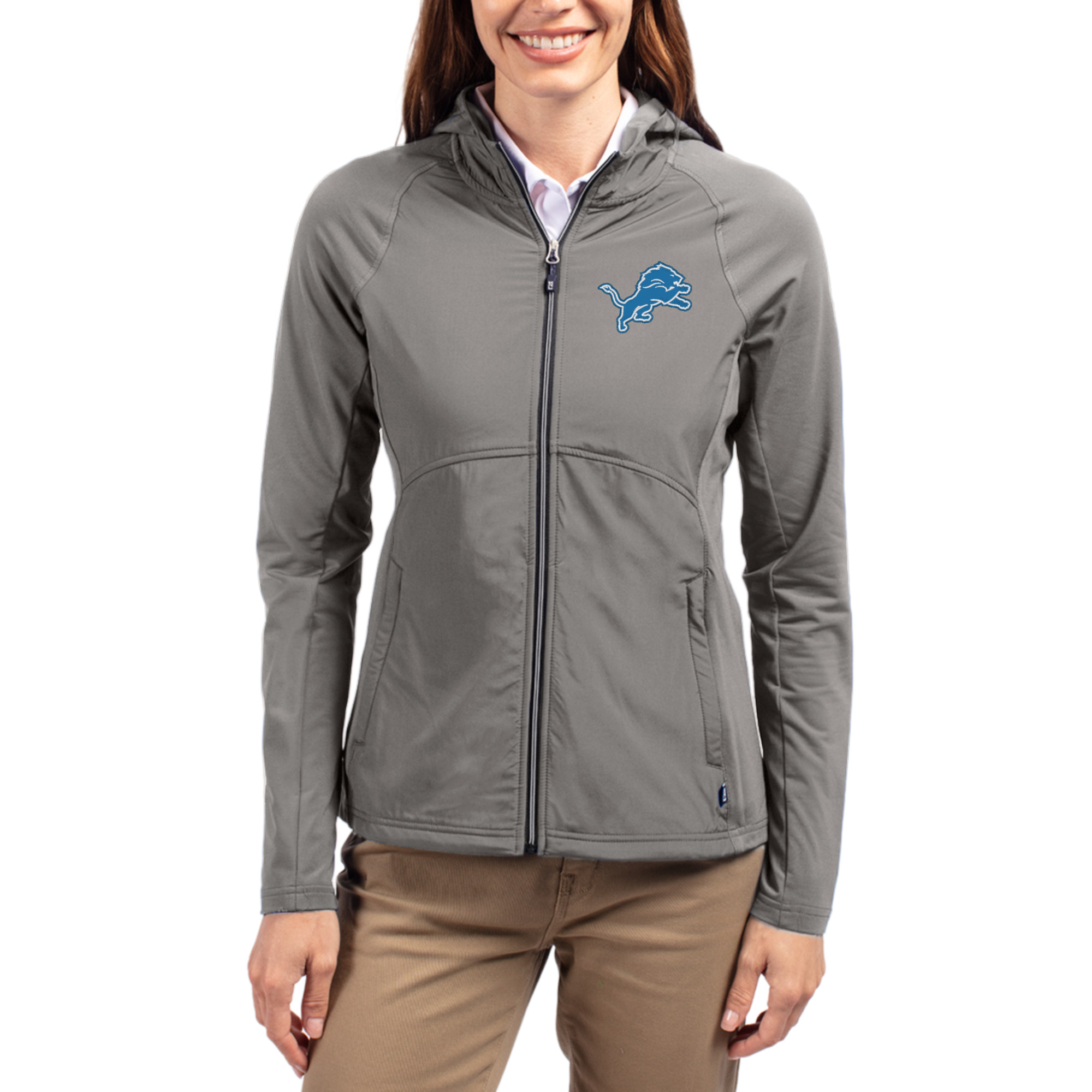 Women's Cutter & Buck Gray Detroit Lions Adapt Eco Knit Hybrid Recycled Raglan Full-Zip Hoodie Jacket