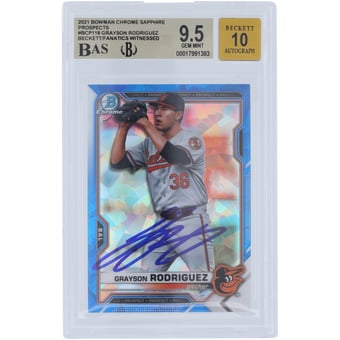 Grayson Rodriguez Baltimore Orioles Autographed 2021 Bowman Chrome Prospects Sapphire #BCP-118 Beckett Fanatics Witnessed Authenticated 9.5/10 Card