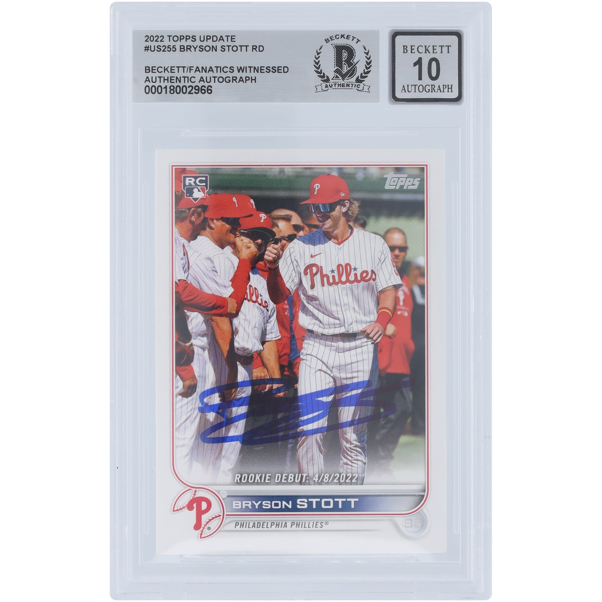 Bryson Stott Philadelphia Phillies Autographed 2022 Topps Update #US255 Beckett Fanatics Witnessed Authenticated 10 Rookie Card