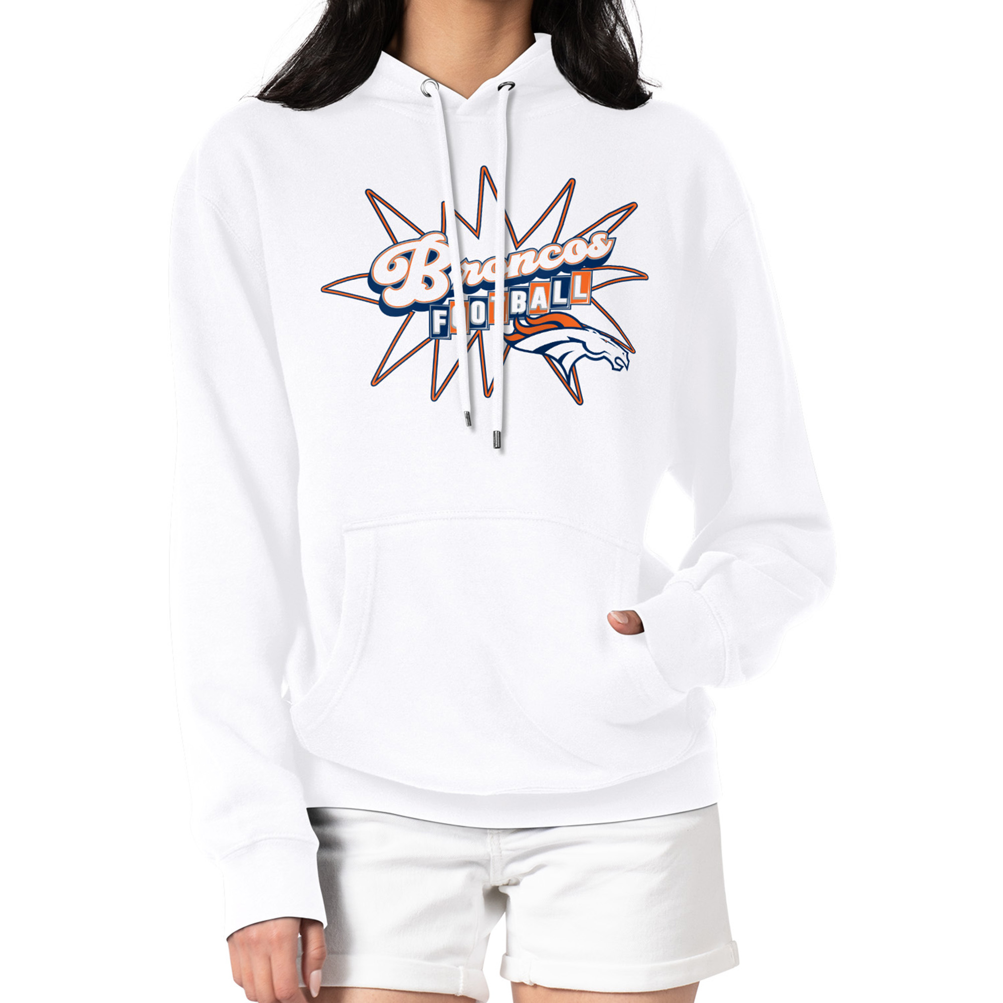 Women's Starter White Denver Broncos Drive-In Sign Pullover Hoodie
