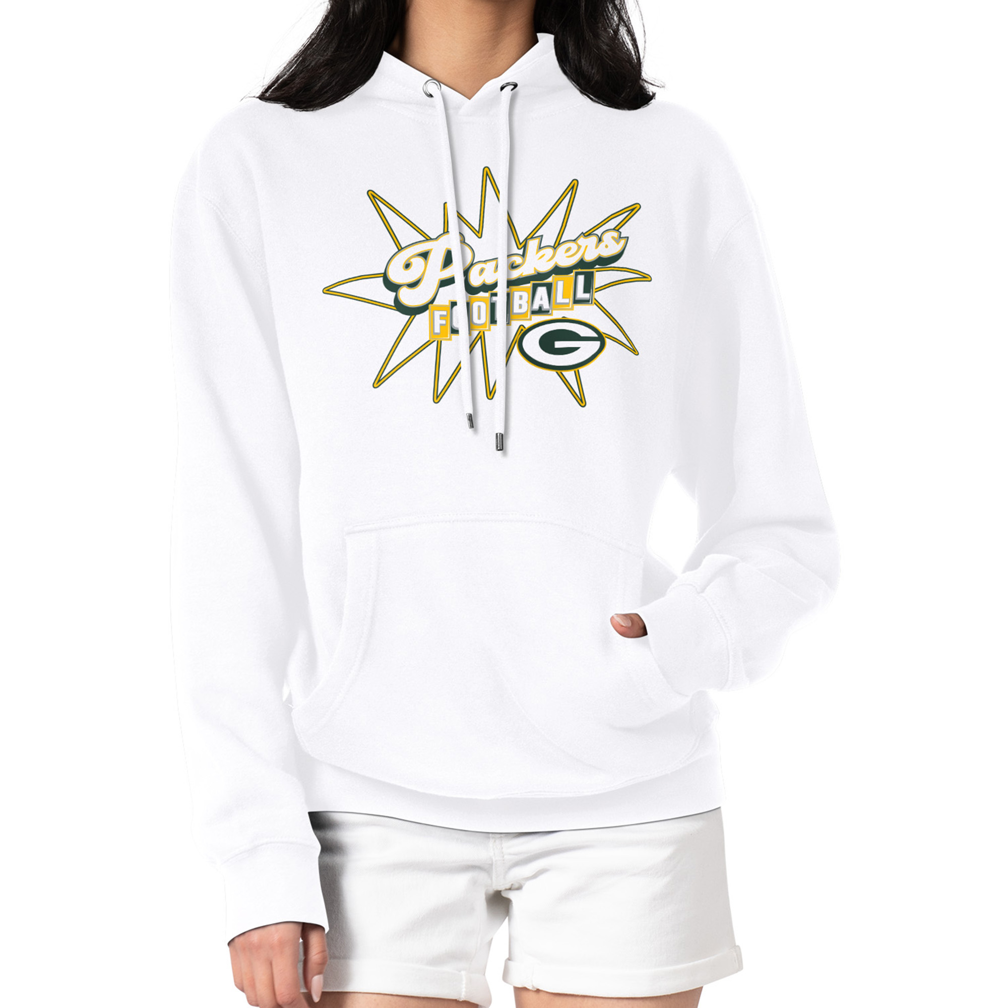 Women's Starter White Green Bay Packers Drive-In Sign Pullover Hoodie