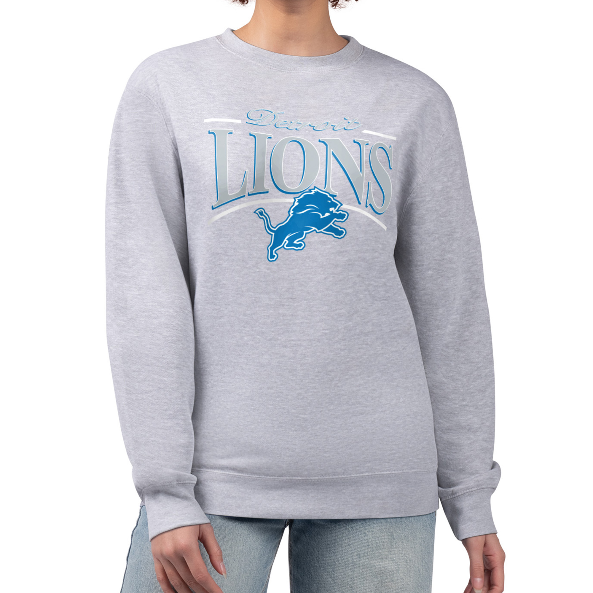 Women's Starter Gray Detroit Lions Arch Stripe Fleece Pullover Sweatshirt