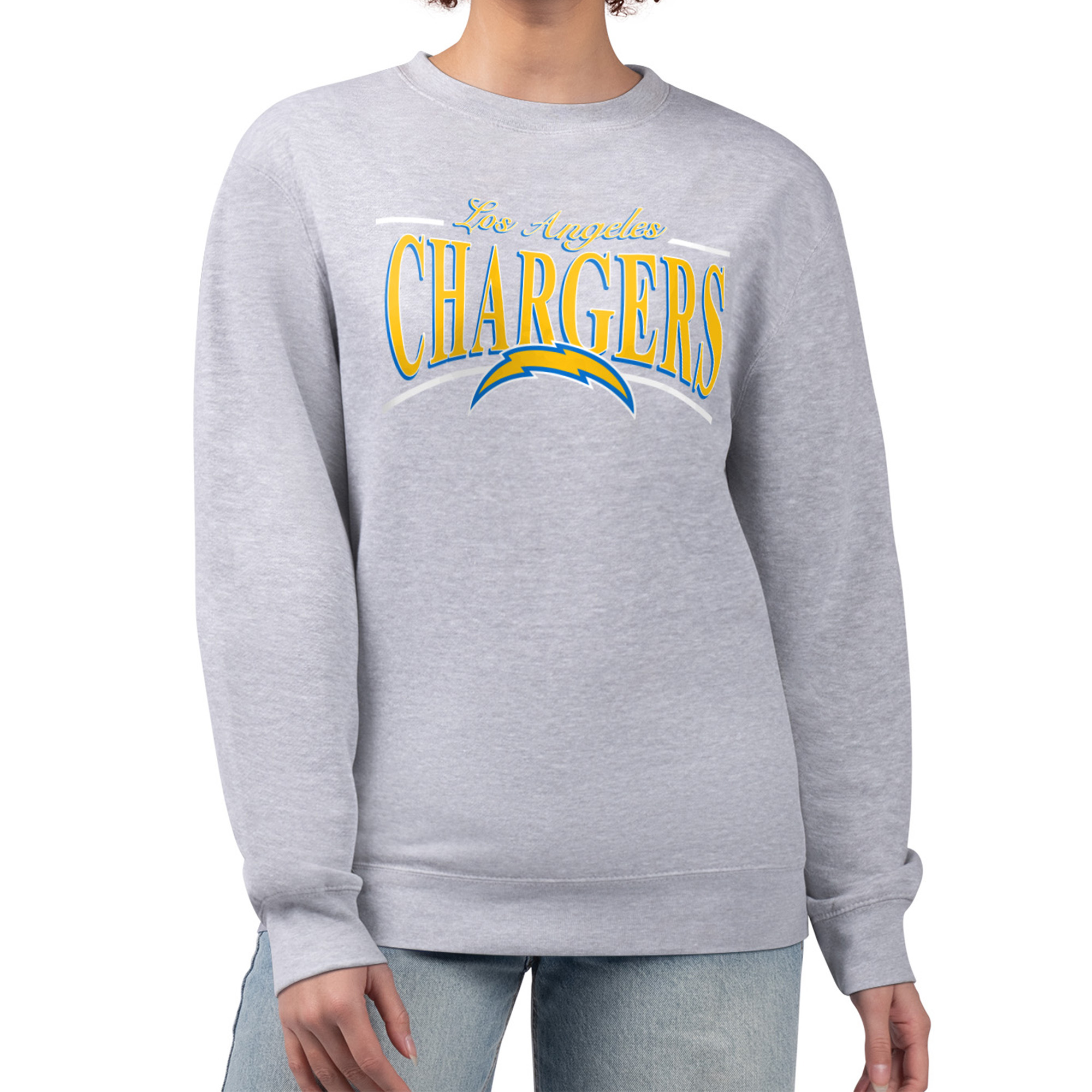 Women's Starter Gray Los Angeles Chargers Arch Stripe Fleece Pullover Sweatshirt