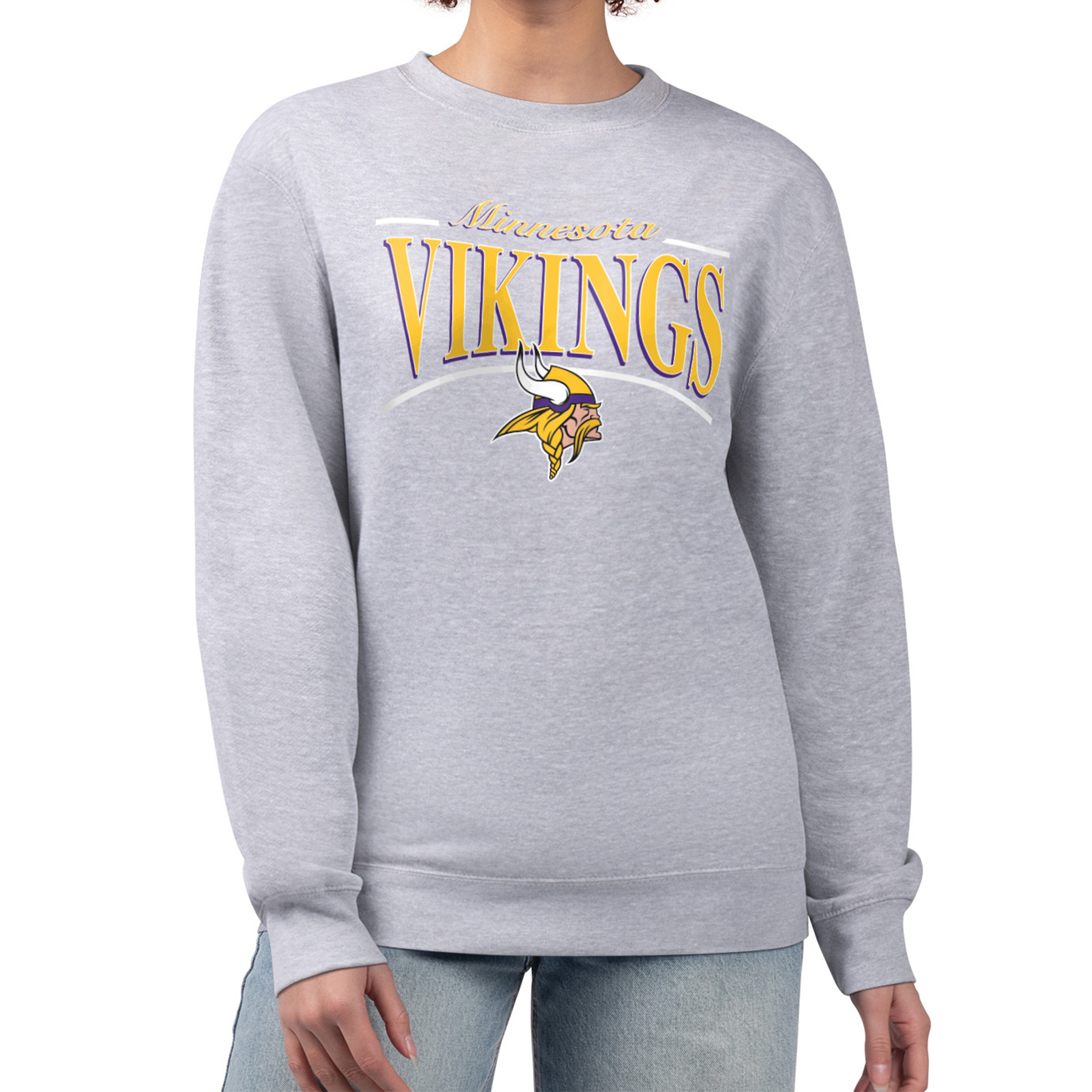 Women's Starter Gray Minnesota Vikings Arch Stripe Fleece Pullover Sweatshirt
