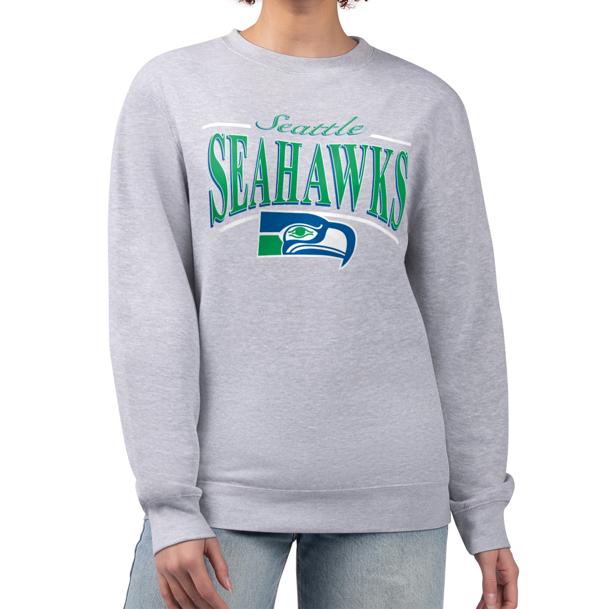 Women's Starter Gray Seattle Seahawks Throwback Arch Stripe Fleece Pullover Sweatshirt
