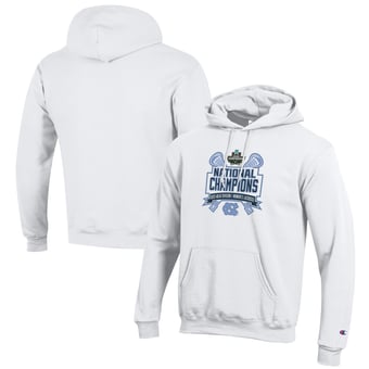 Men's Champion  White North Carolina Tar Heels 2025 NCAA Women's Lacrosse National Champions Eco Powerblend Pullover Hoodie
