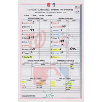 Washington Nationals Game-Used Lineup Card vs. Cleveland Guardians on May 7, 2025