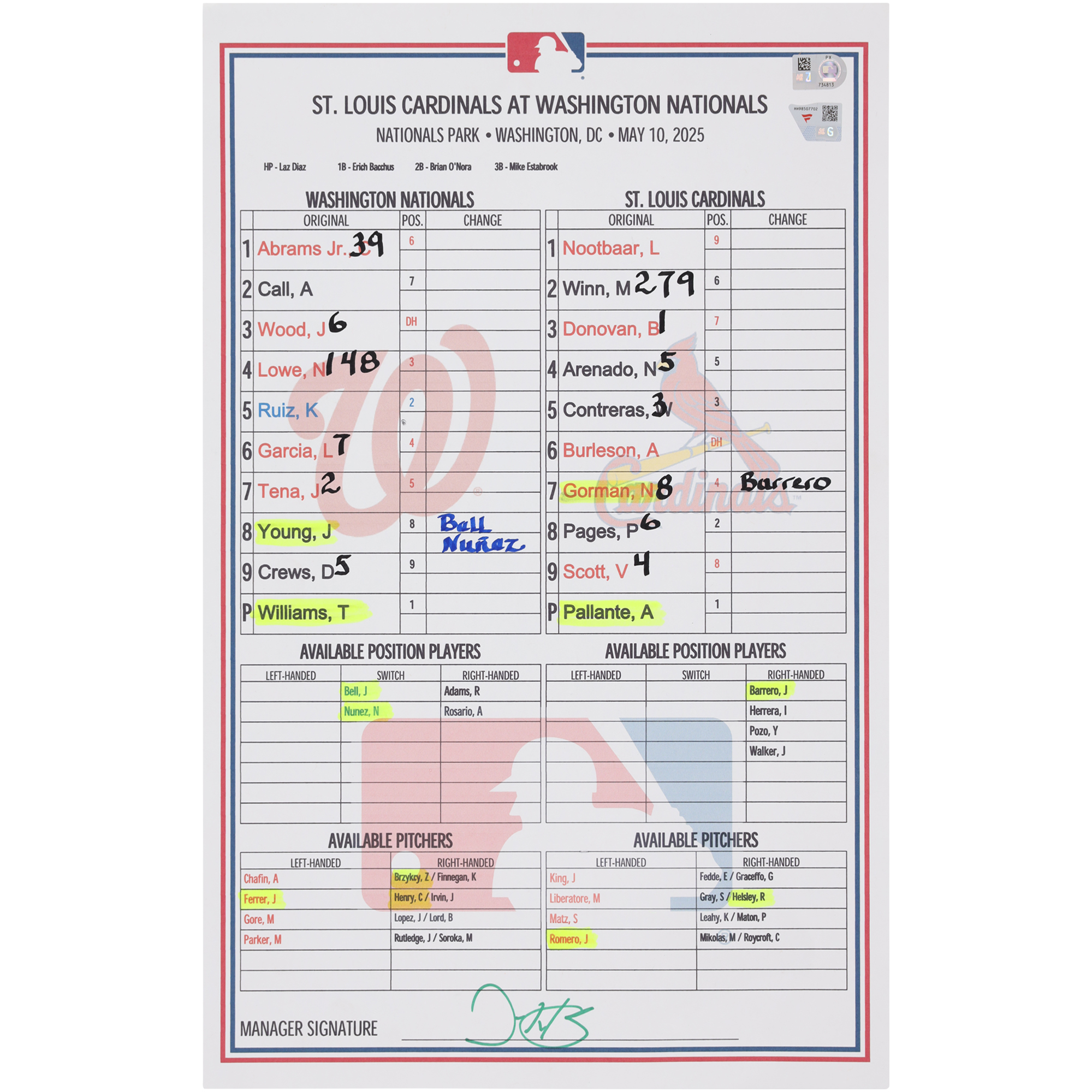 Washington Nationals Game-Used Lineup Card vs. St. Louis Cardinals on May 10, 2025