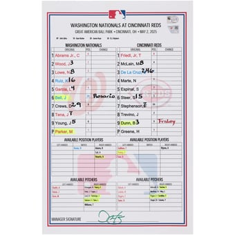 Washington Nationals Game-Used Lineup Card vs. Cincinnati Reds on May 2, 2025