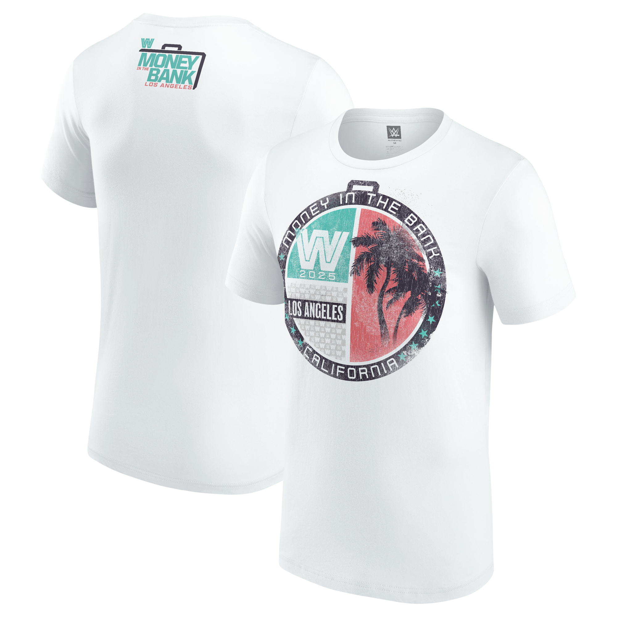 Men’s White Money in the Bank 2025 LA Palm Tree T-Shirt Men’s White Money in the Bank 2025 LA Palm Tree T-Shirt