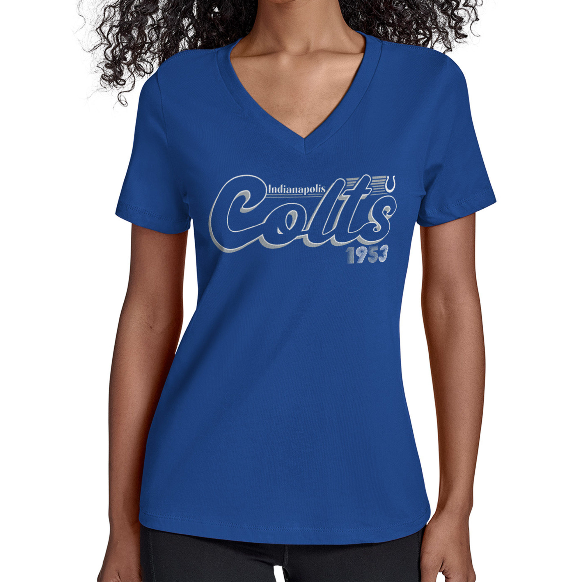 Women's Starter Royal Indianapolis Colts Groovy Script V-Neck T-Shirt
