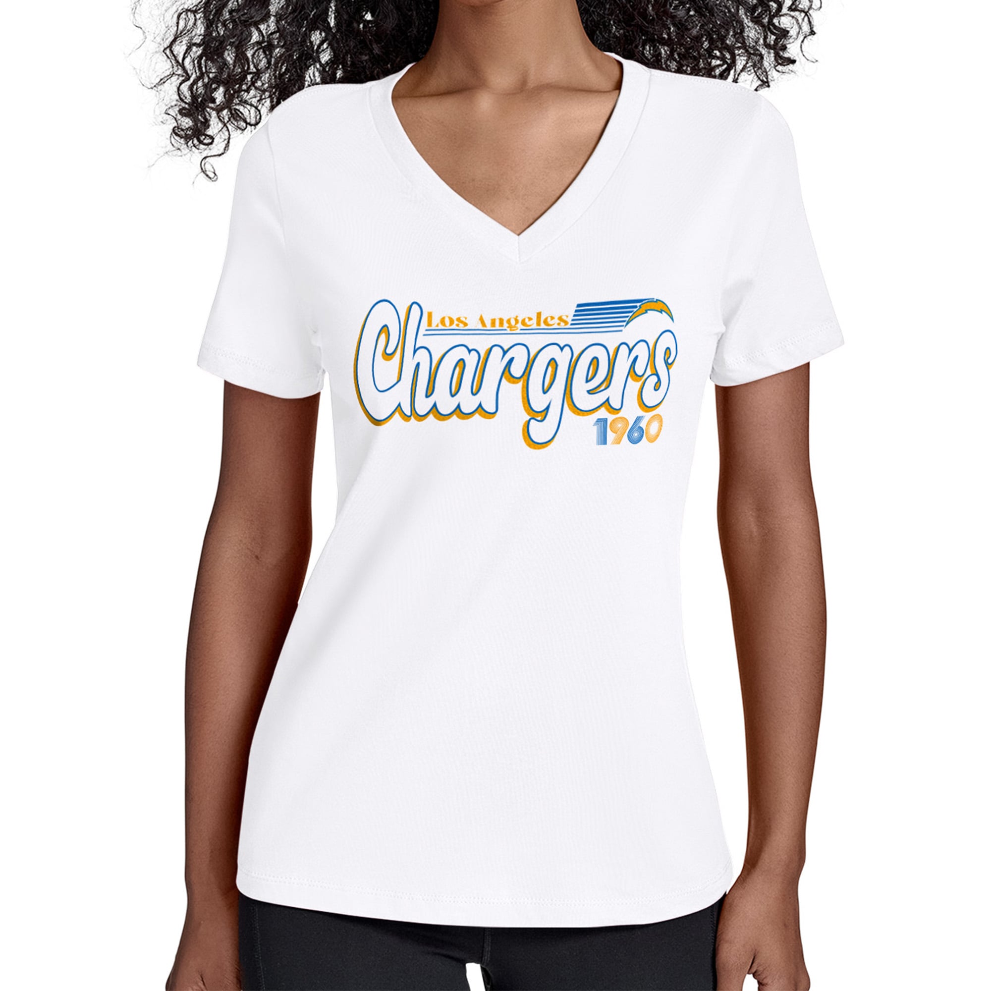 Women's Starter White Los Angeles Chargers Groovy Script V-Neck T-Shirt