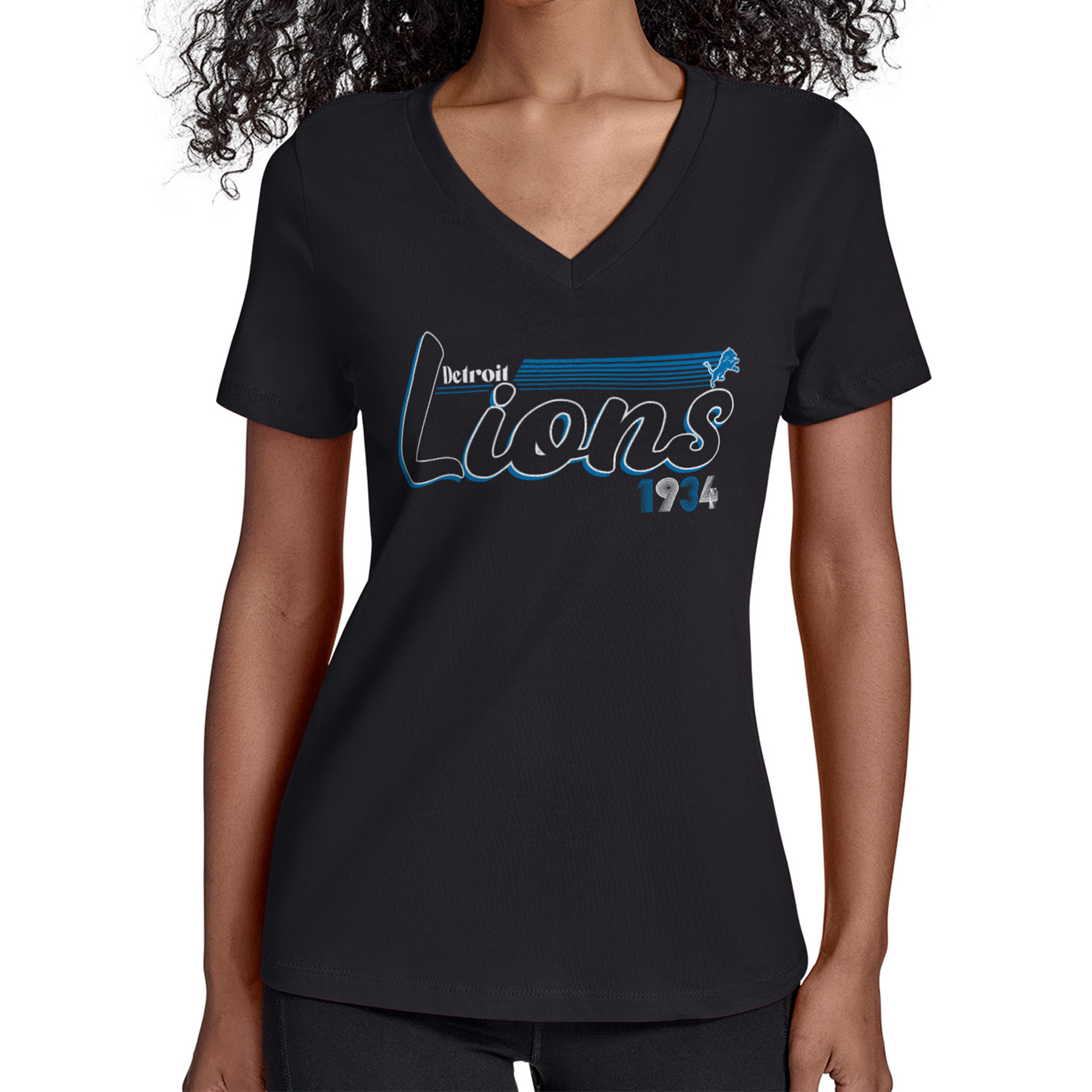 Women's Starter Black Detroit Lions Groovy Script V-Neck T-Shirt