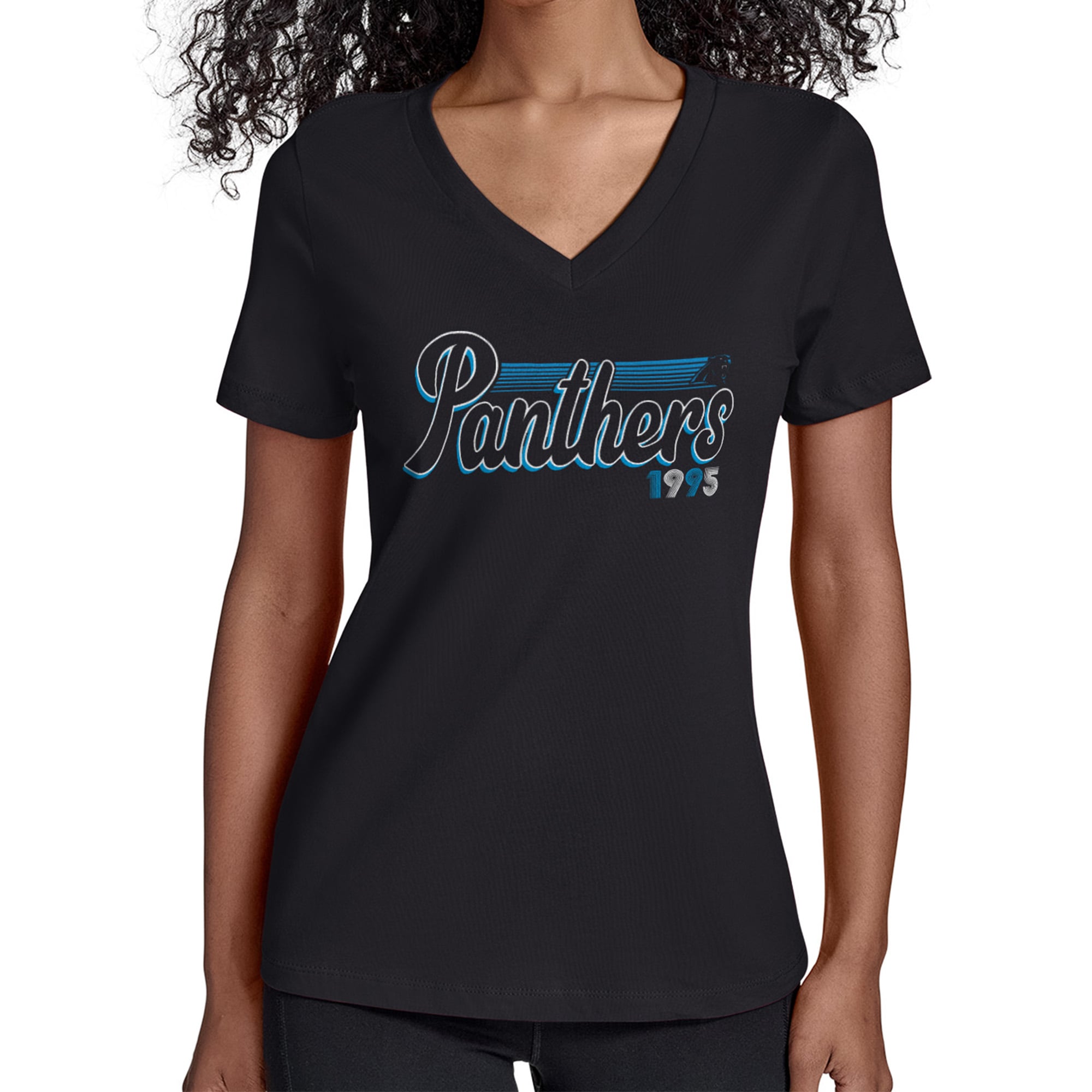 Women’s Starter Black Carolina Panthers Groovy Script V-Neck T-Shirt Women’s Starter Black Carolina Panthers Groovy Script V-Neck T-Shirt