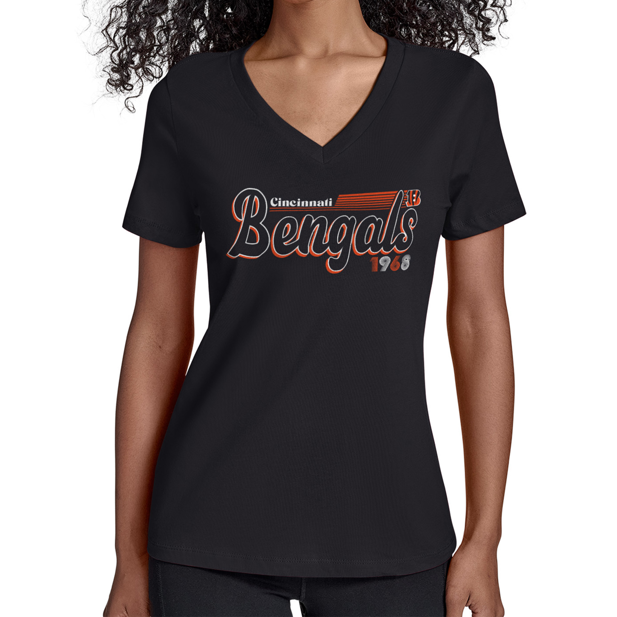 Women's Starter Black Cincinnati Bengals Groovy Script V-Neck T-Shirt