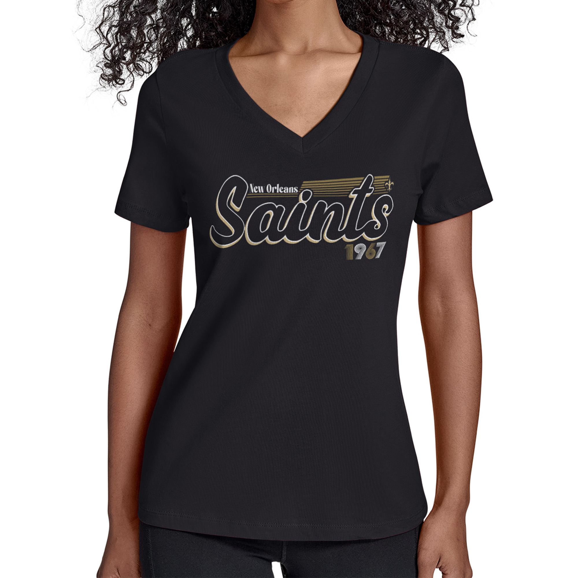 Women's Starter Black New Orleans Saints Groovy Script V-Neck T-Shirt
