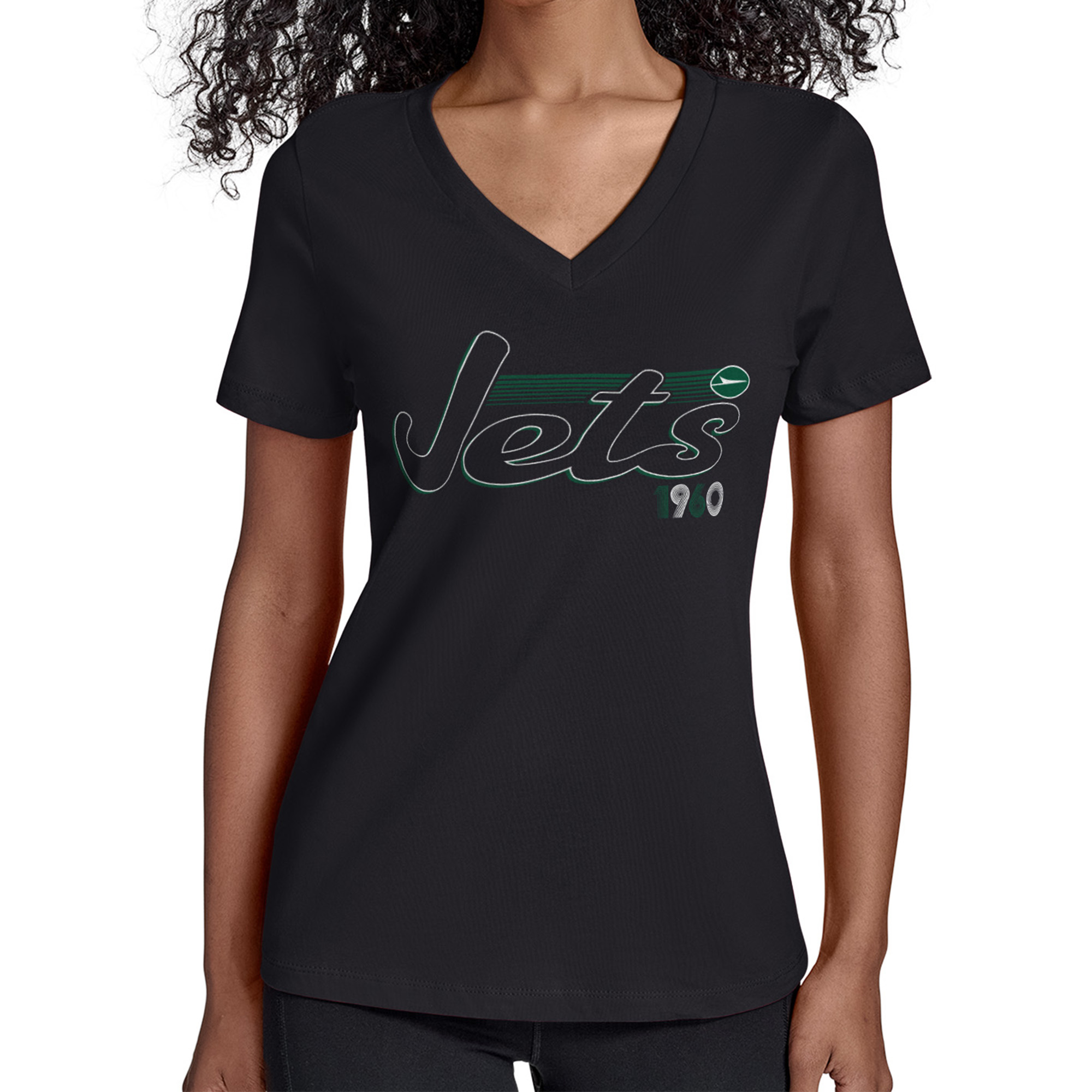 Women's Starter Black New York Jets Groovy Script V-Neck T-Shirt