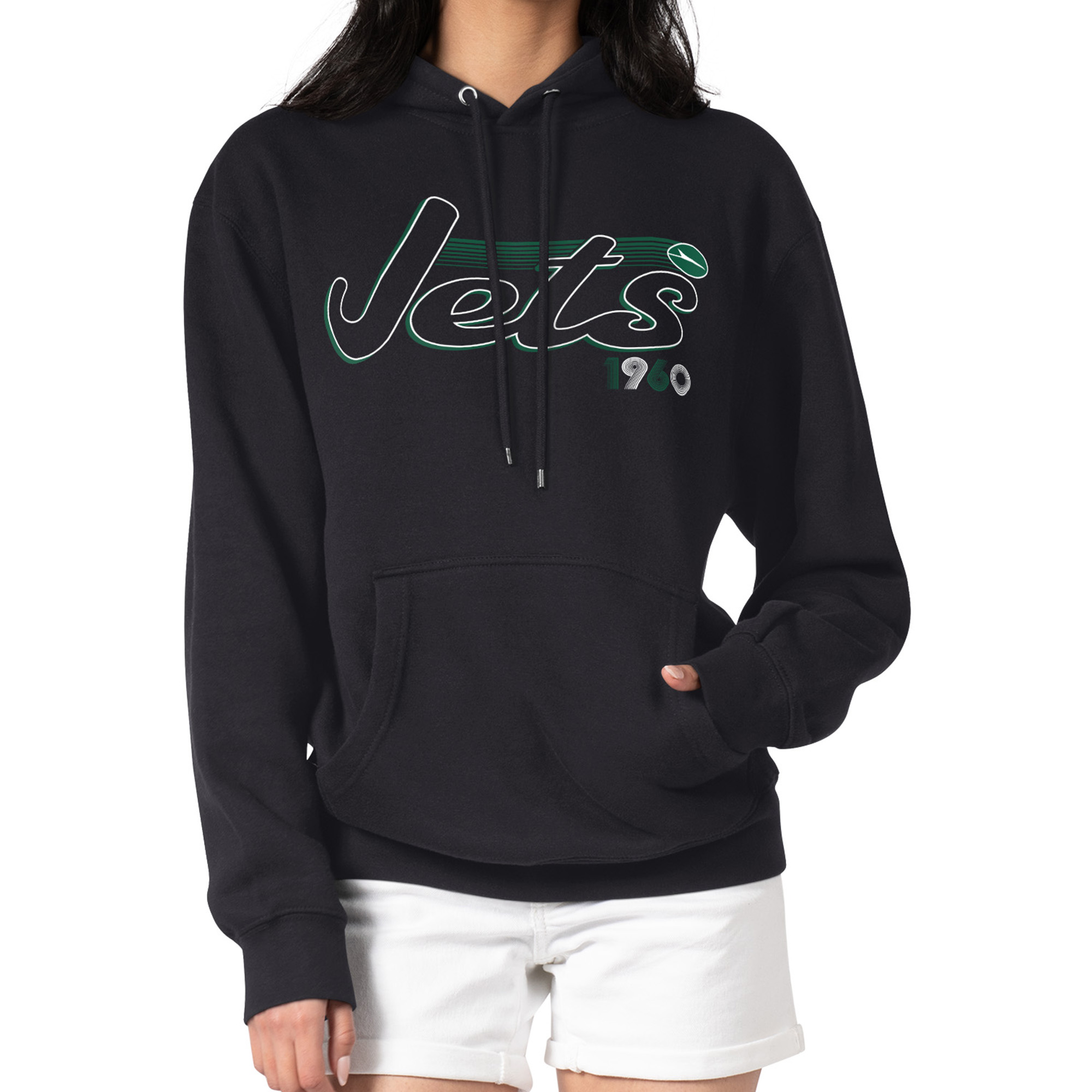 Women's Starter Black New York Jets Groovy Script Pullover Hoodie