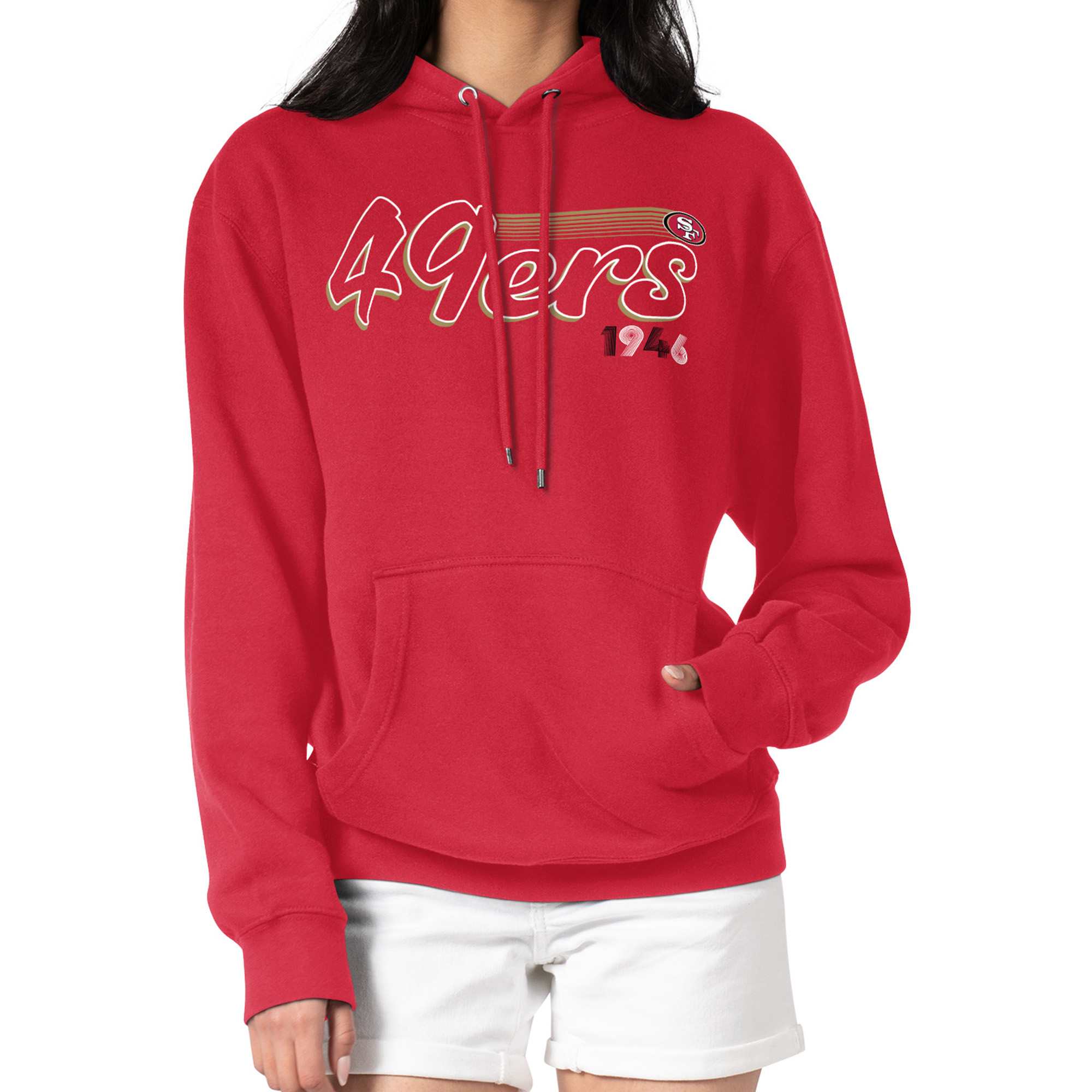 Women's Starter Scarlet San Francisco 49ers Groovy Script Pullover Hoodie