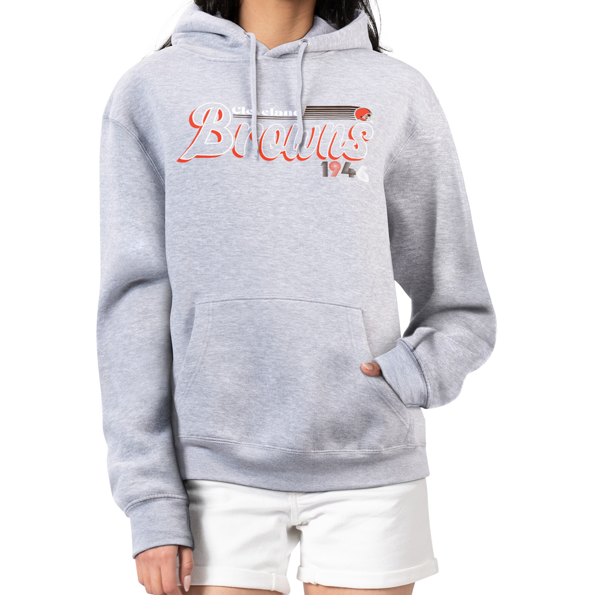 Women's Starter Gray Cleveland Browns Groovy Script Pullover Hoodie
