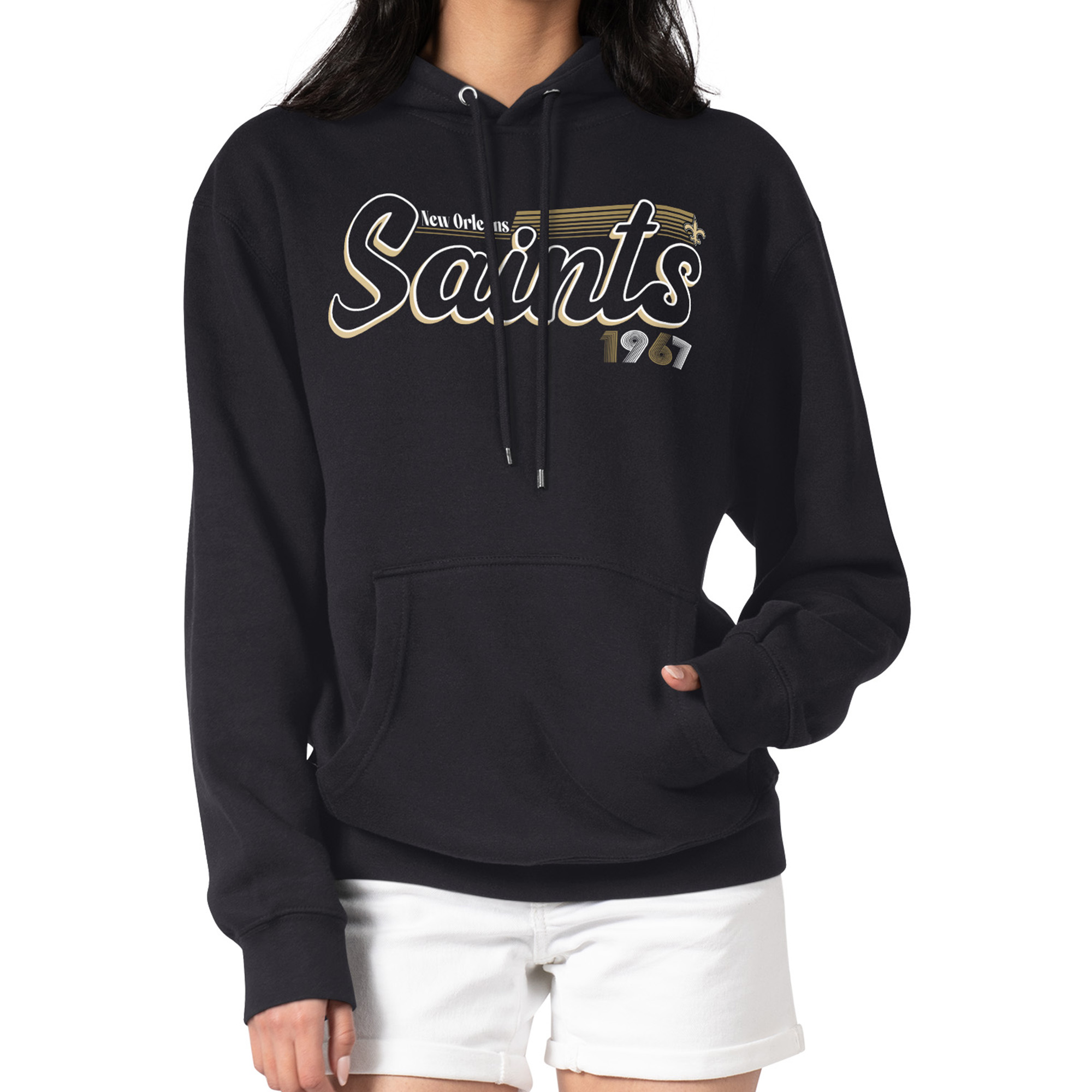 Women's Starter Black New Orleans Saints Groovy Script Pullover Hoodie