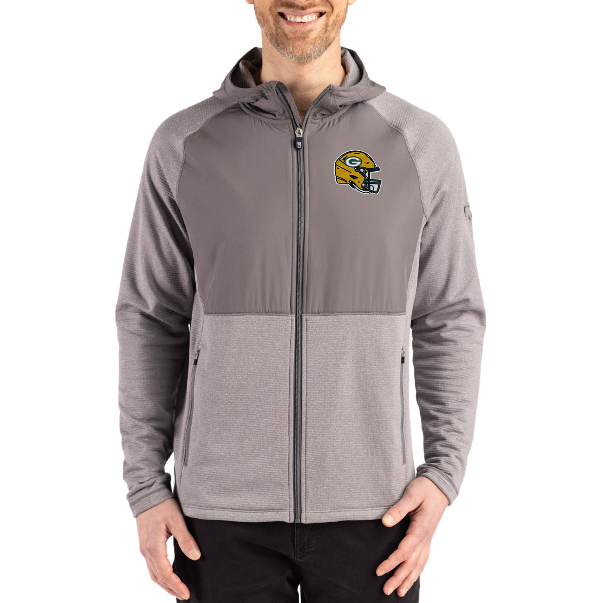 Men's Cutter & Buck Heather Gray Green Bay Packers Peshastin Eco Fleece Recycled Raglan Full-Zip Tri-Blend Hybrid Jacket