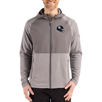 Men's Cutter & Buck  Heather Gray Pittsburgh Steelers Peshastin Eco Fleece Recycled Raglan Full-Zip Tri-Blend Hybrid Jacket