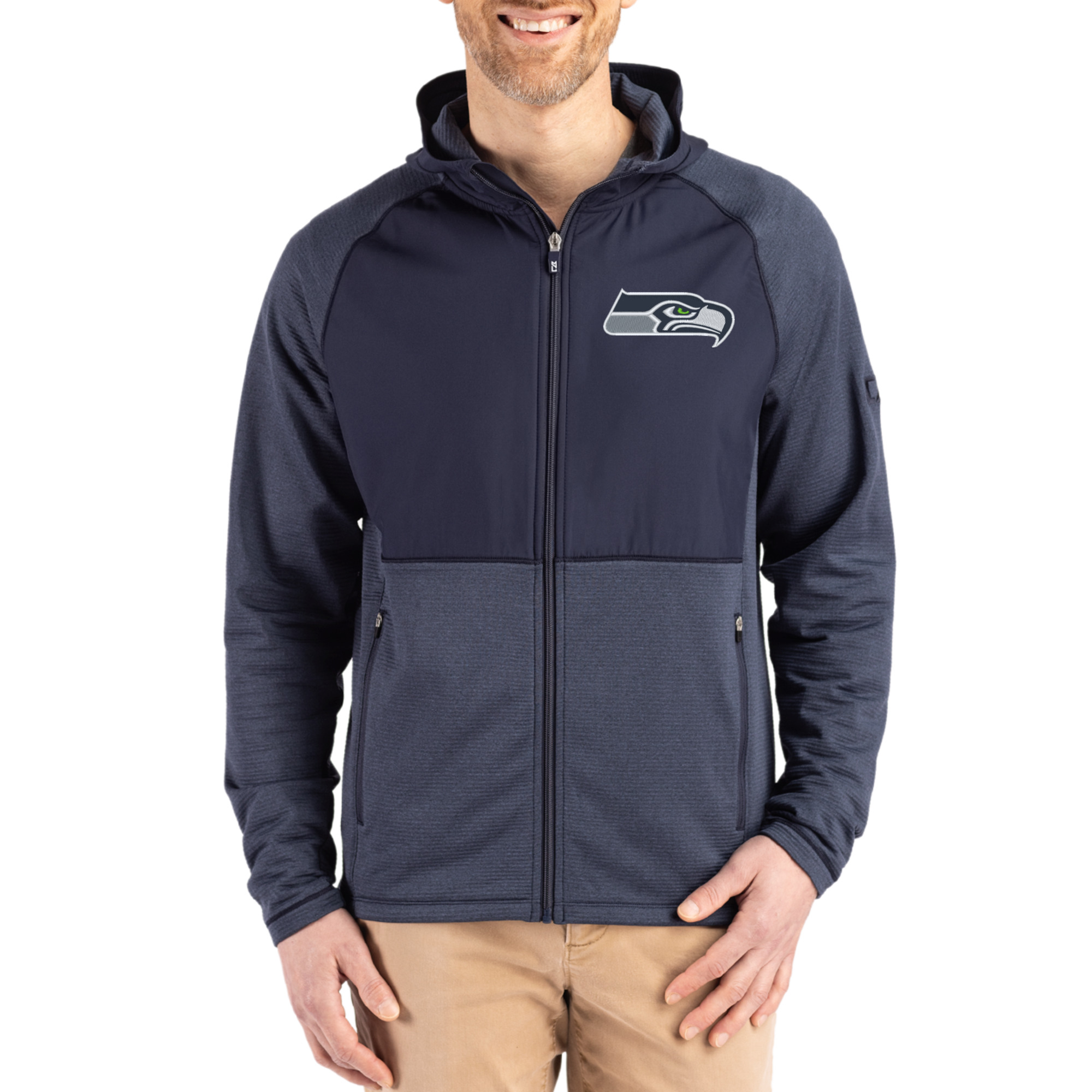 Men's Cutter & Buck Heather College Navy Seattle Seahawks Peshastin Eco Fleece Recycled Raglan Full-Zip Tri-Blend Hybrid Jacket